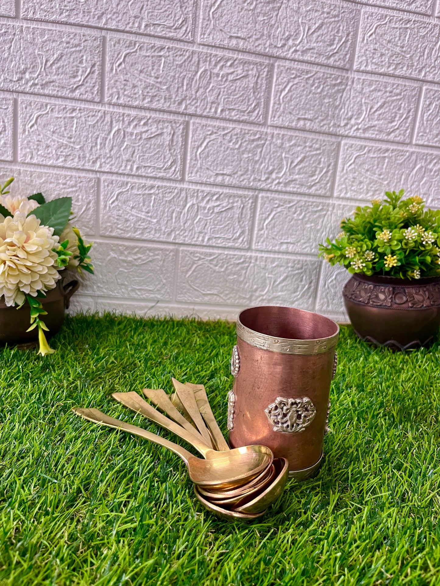 Antique Copper Spoon Holder With Brass Spoons