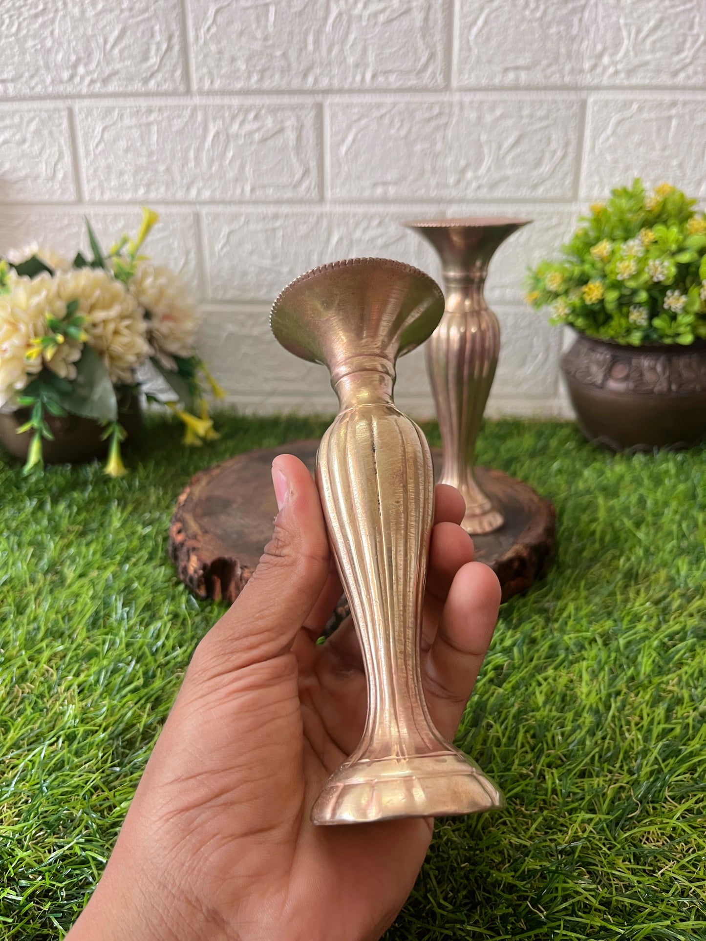 Brass Flower Vase In Pair - Antique Small Phooladaan In Pair