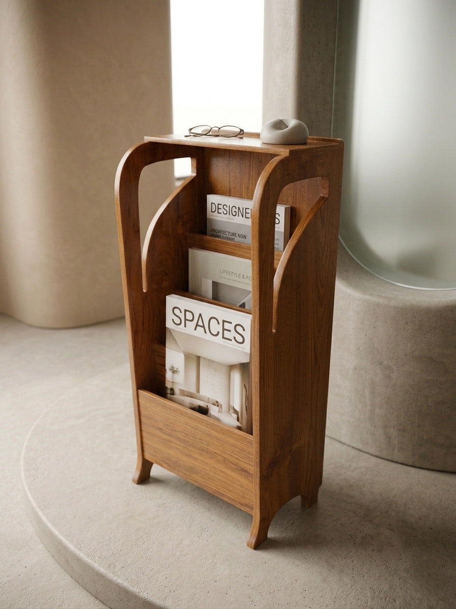 1990 Antique Teakwood Magazine Stand | Vertical Storage Display Rack - Bombay Antiques