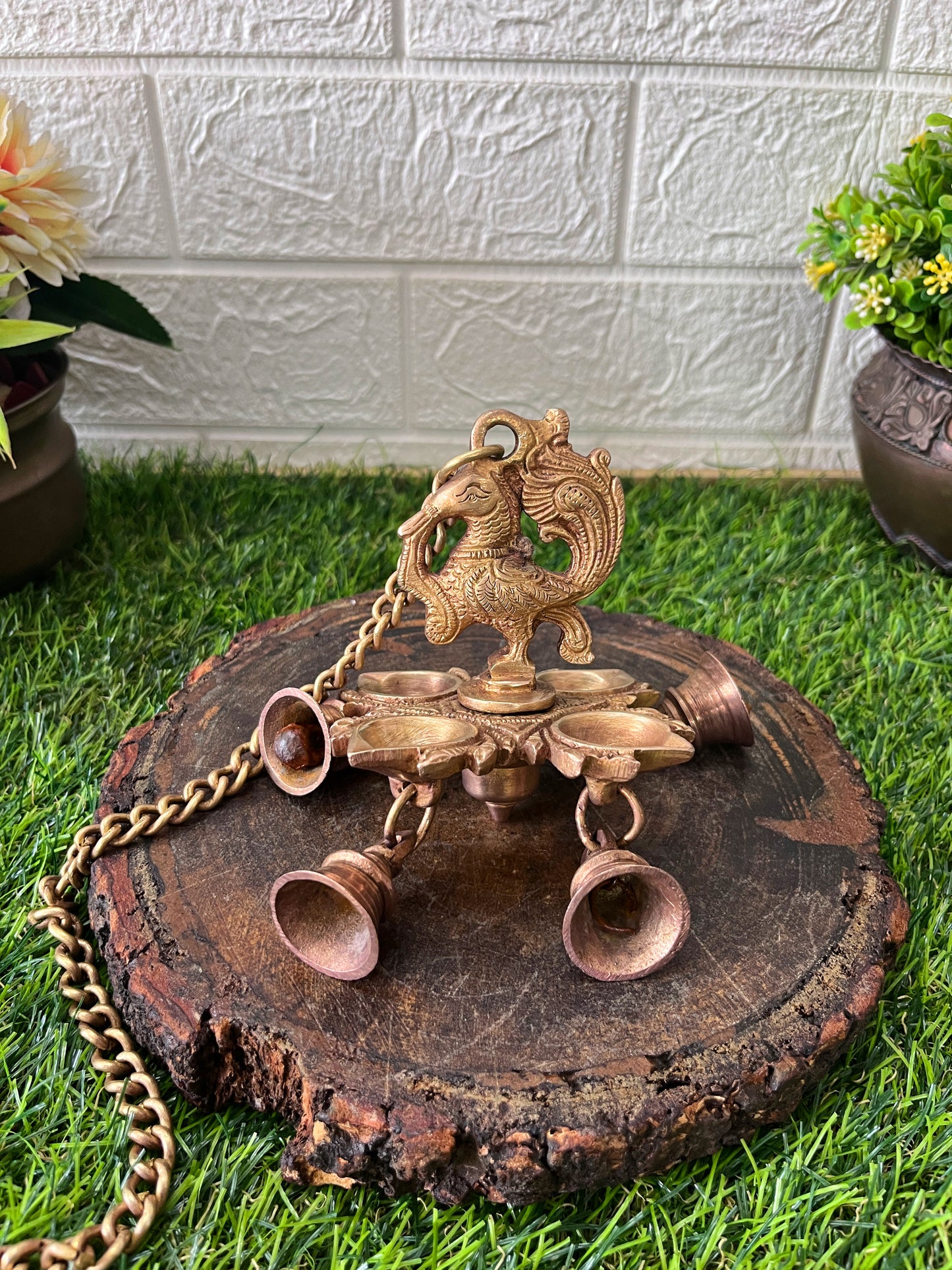 Brass Peacock Hanging Diya With Bells - Antique Oil Lamp