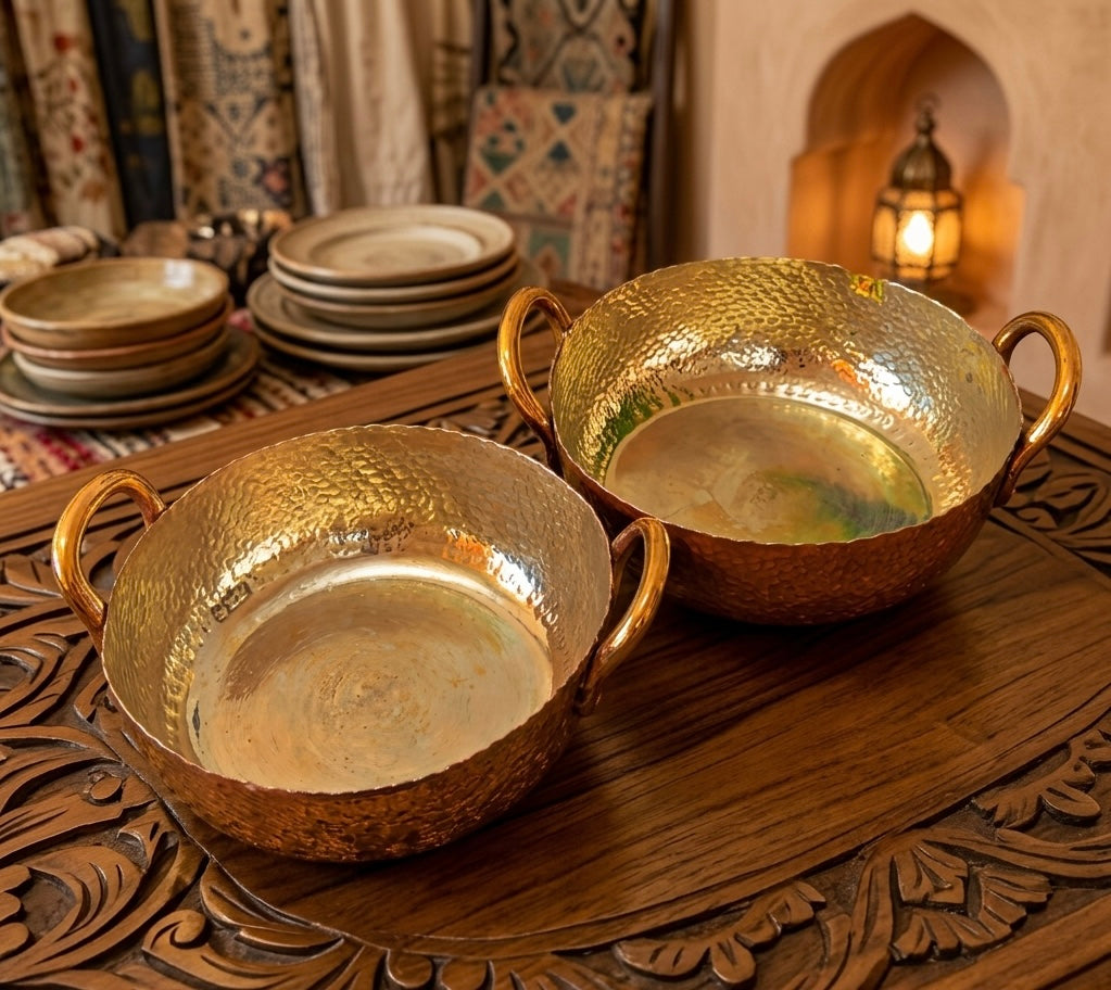 Vintage Hammered Copper Kadai in Pair | Tamba Cooking Items | Kitchen Utensil - Bombay Antiques