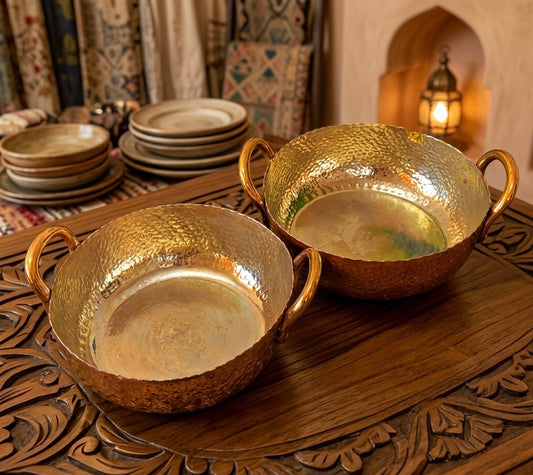 Vintage Hammered Copper Kadai in Pair | Tamba Cooking Items | Kitchen Utensil