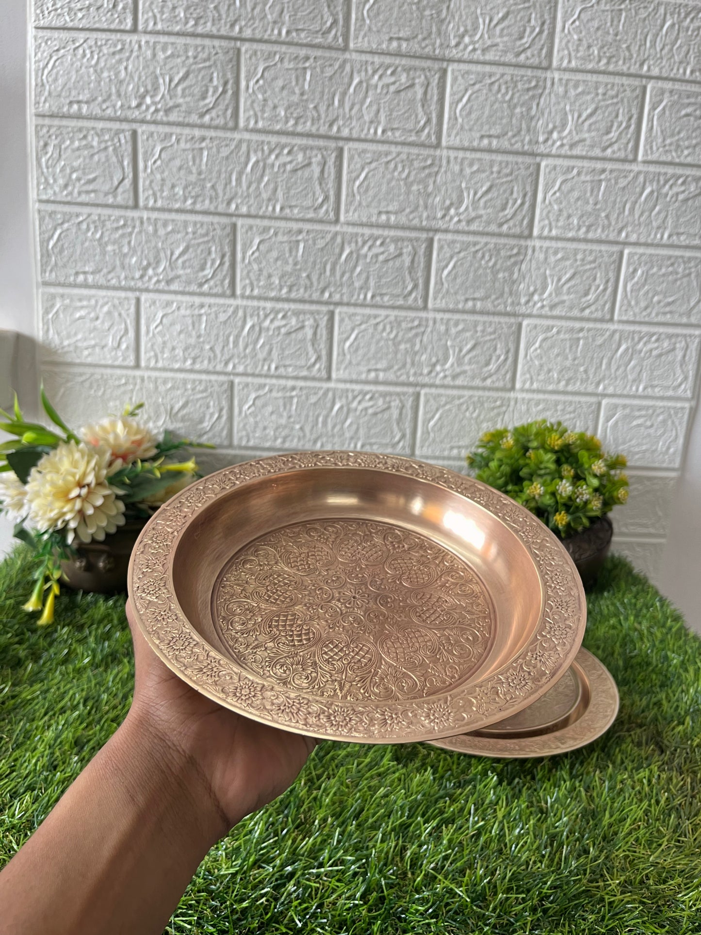 Antique Brass Engraved Plate And Bowls Set