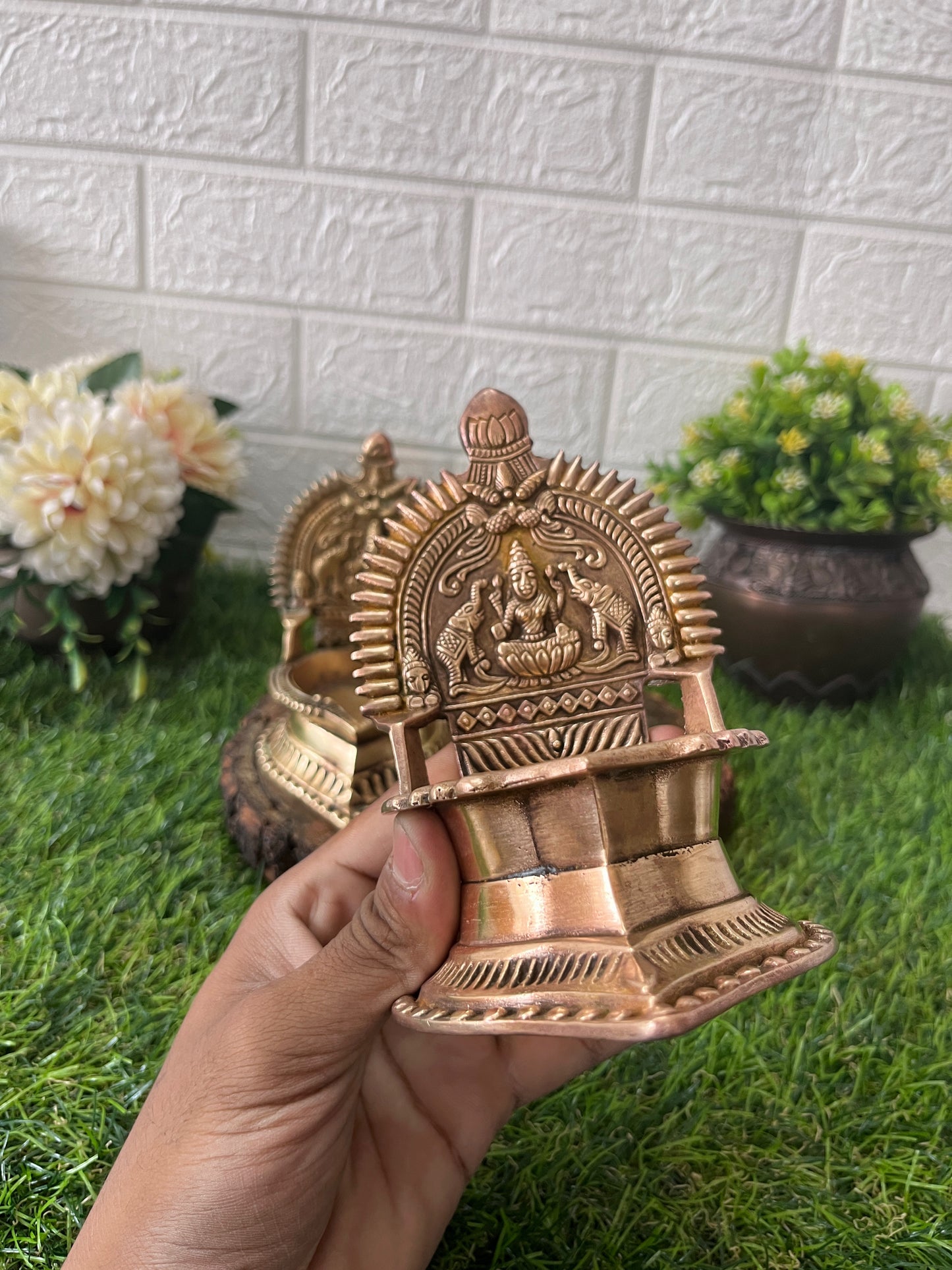 Brass Diya In Pair - Antique Engraved Oil Lamp