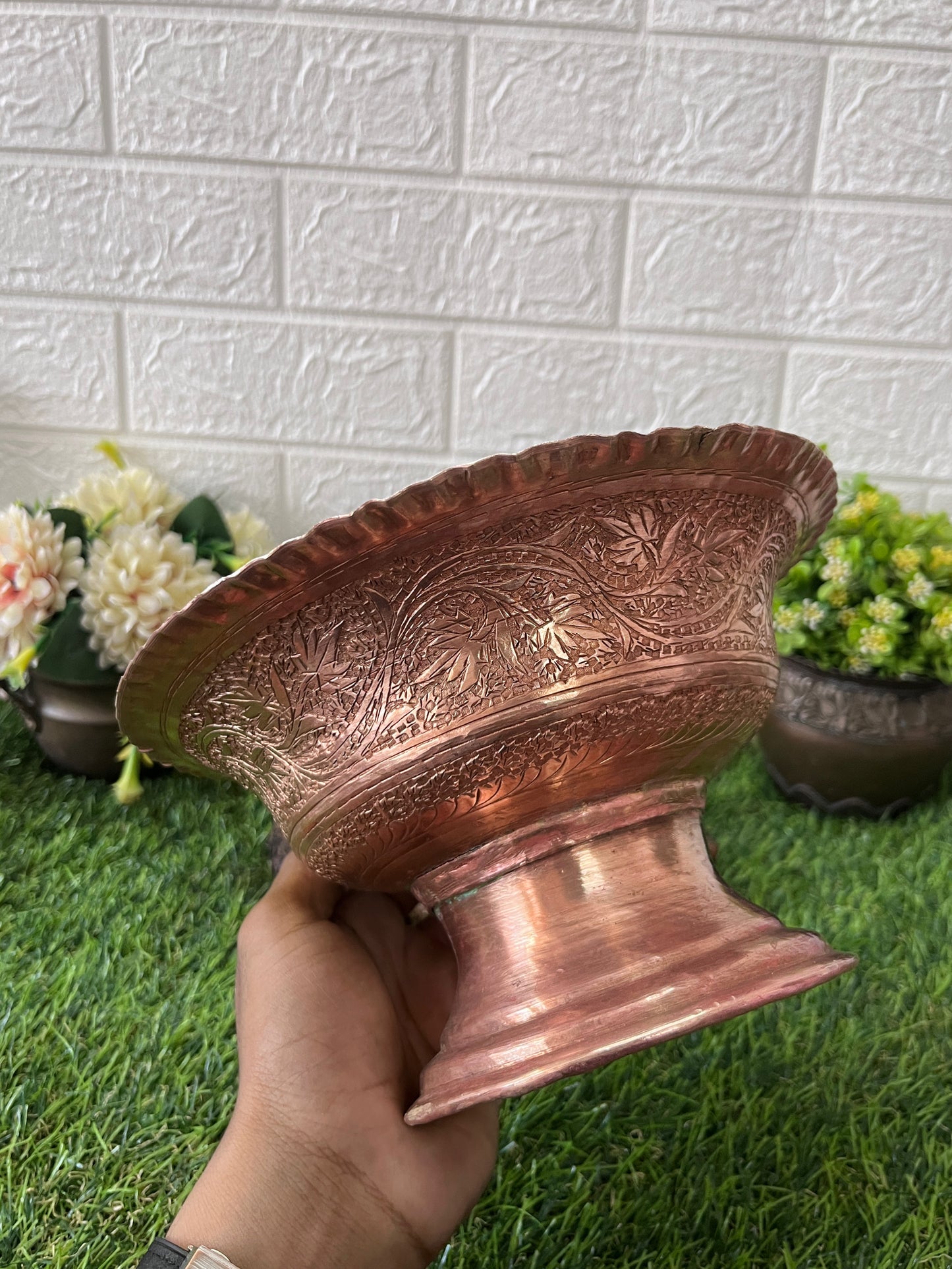 Copper Fruit Bowl - Antique Rare Engraved Thalbaan