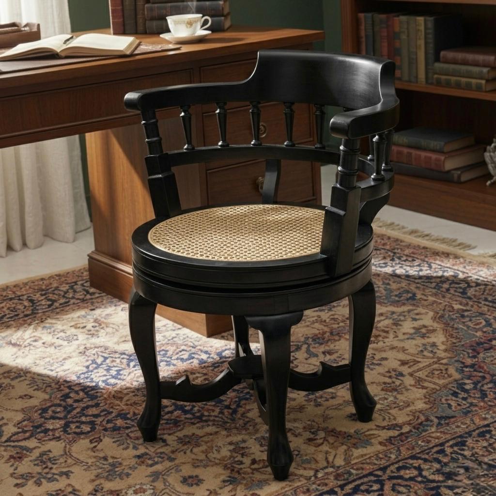 1990 Antique Teakwood Cane Seat Armchair in Black Polish | Wooden Revolving Chair