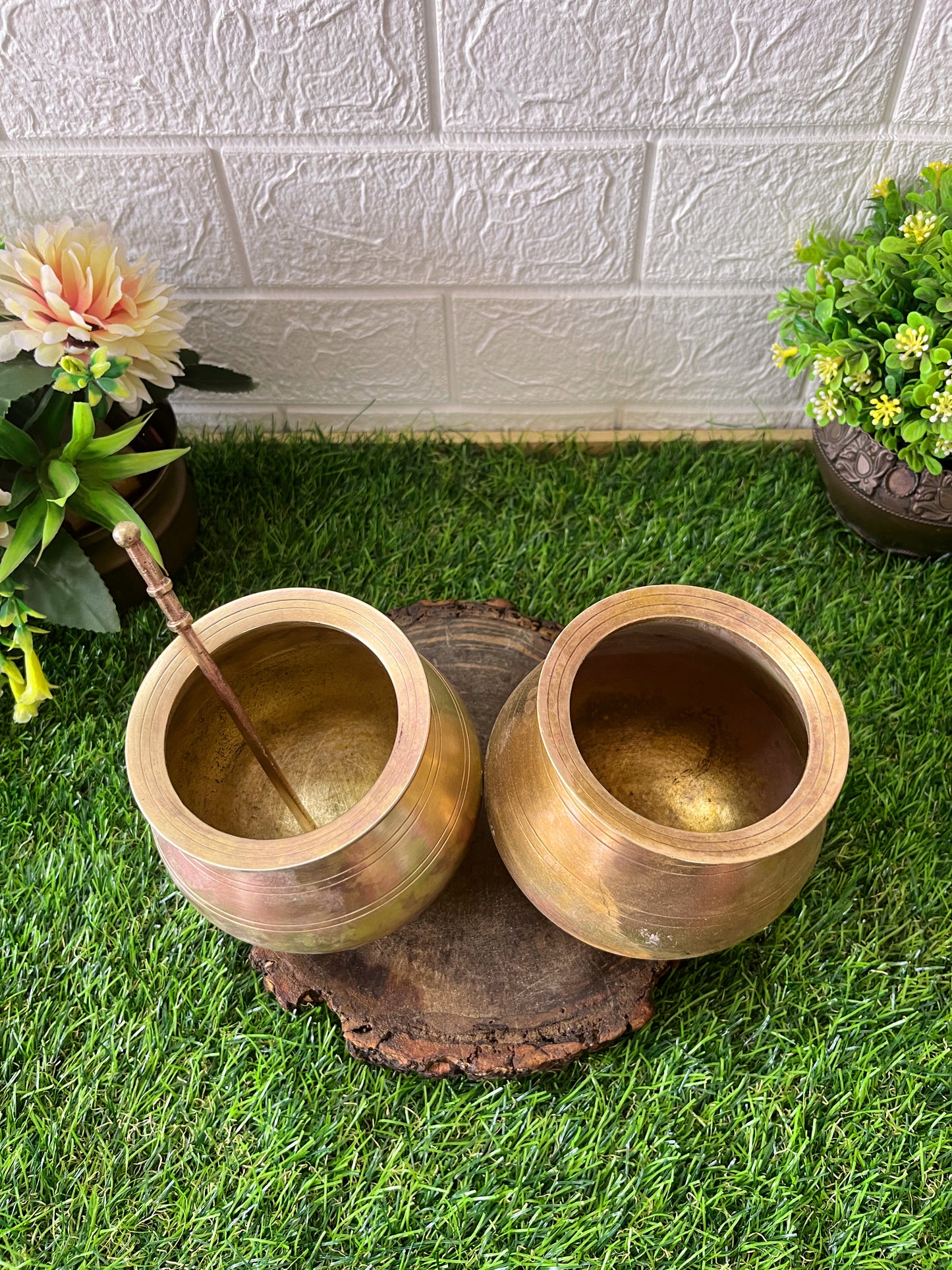 Brass Bowl With Stick - Antique Kalash In Pair