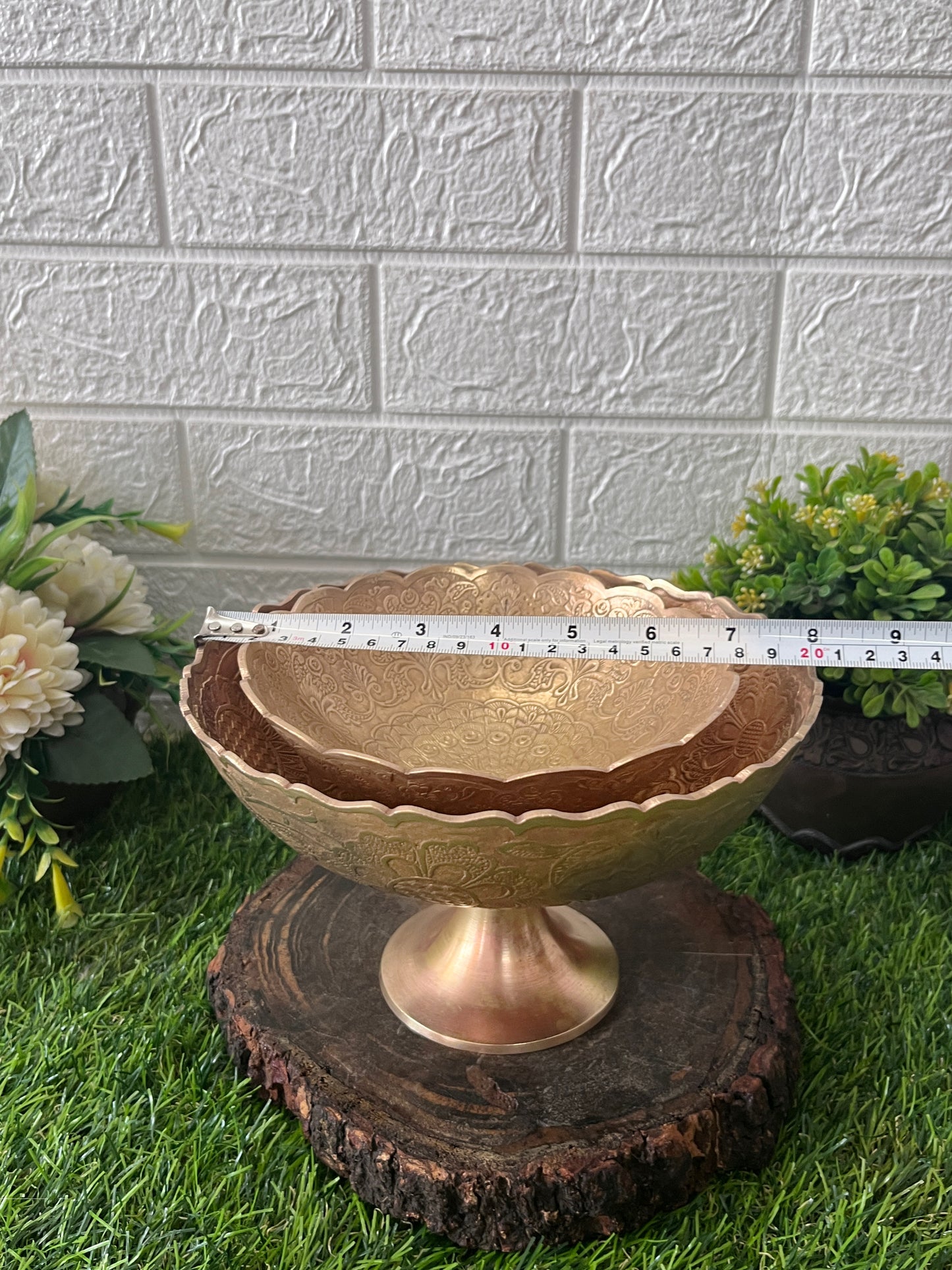 Brass Fruit Bowl - Antique Engraved Serving Item In Pair