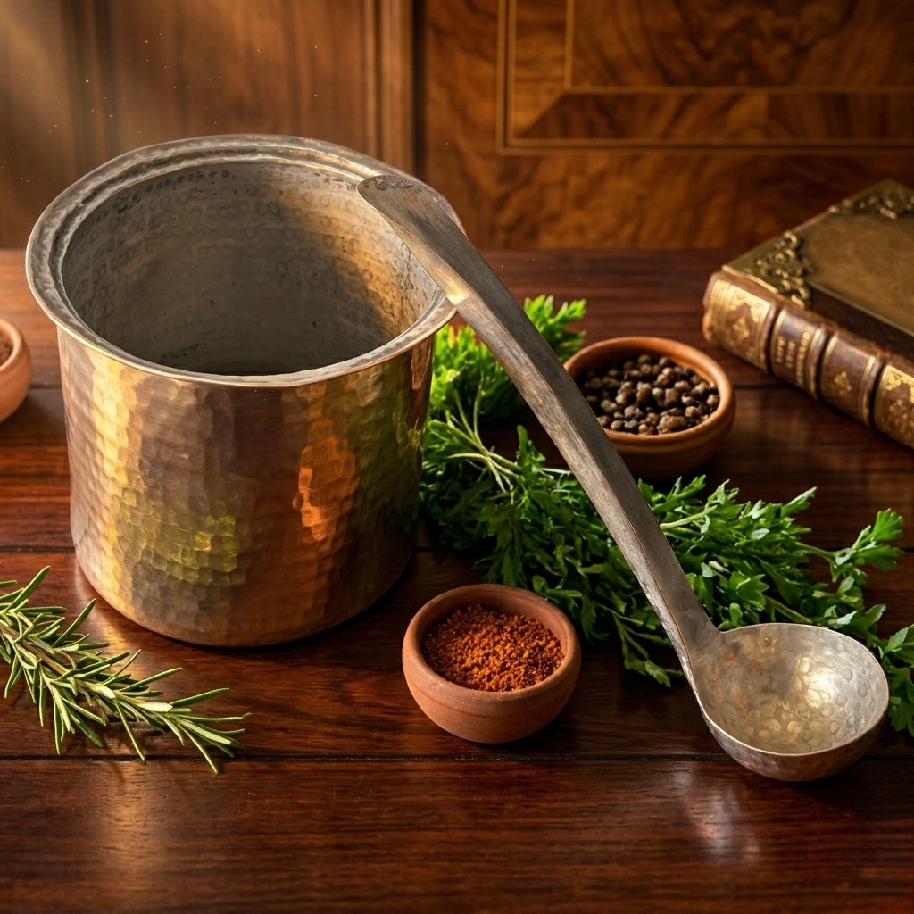 Antique Brass Cooking Bowl with 2L Capacity & Long Ladle | Pital Traditional Gravy Serving Vessel - Bombay Antiques