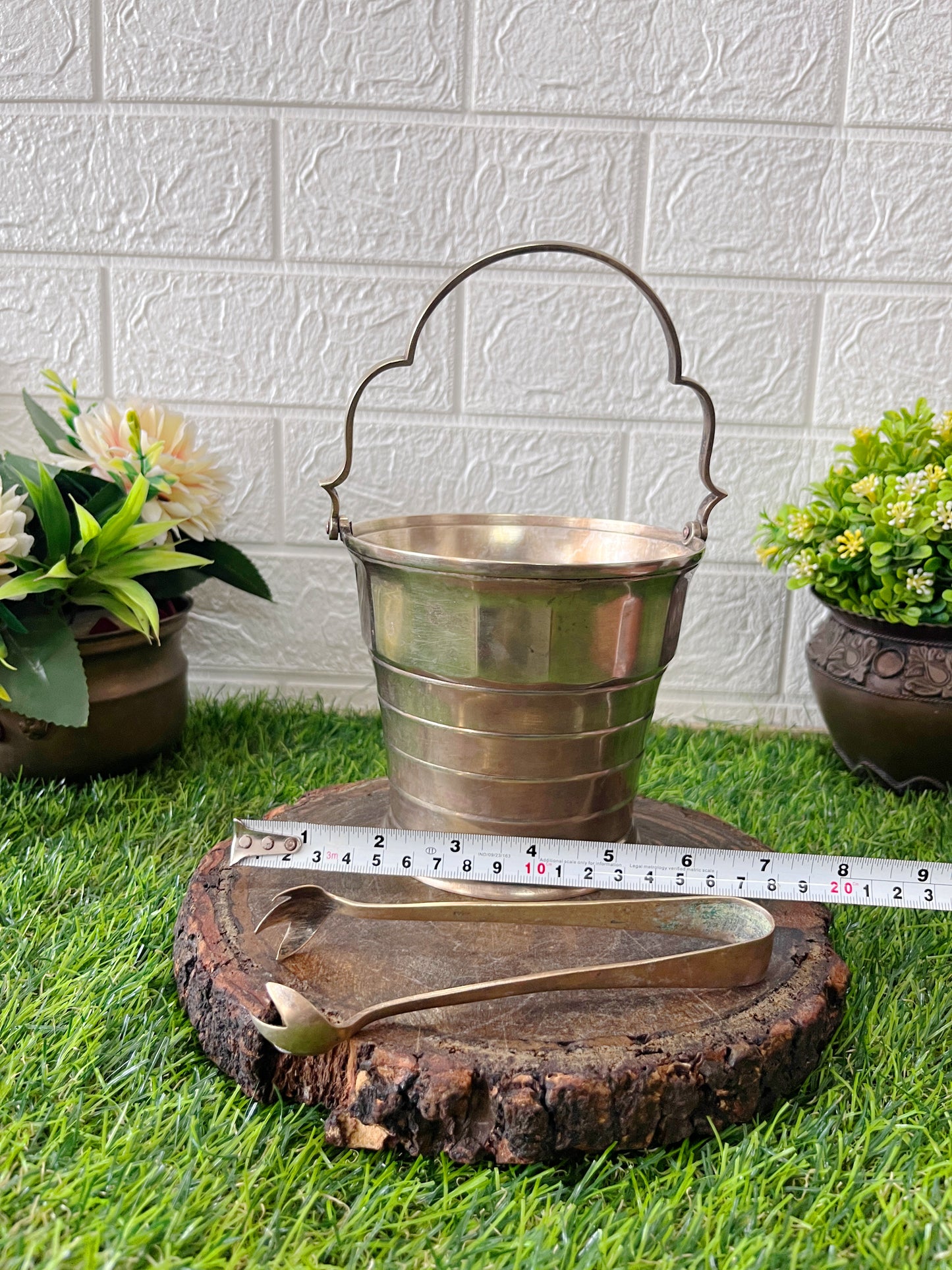 Brass Silver Coated Ice Bucket With Tong - Antique Serving Item