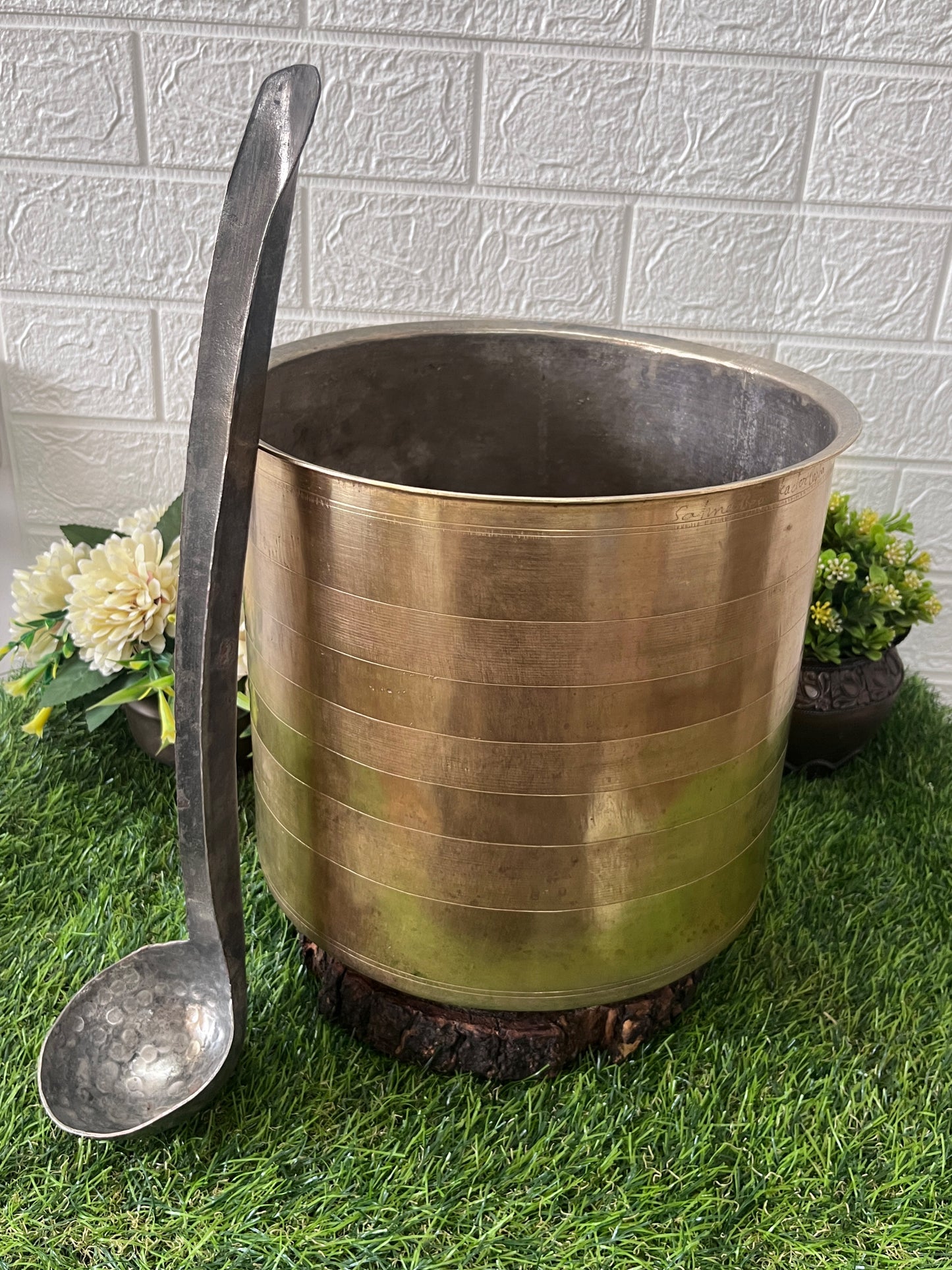 Brass Big Cooking Bowl With Ladle - Antique South Indian Design Cookware