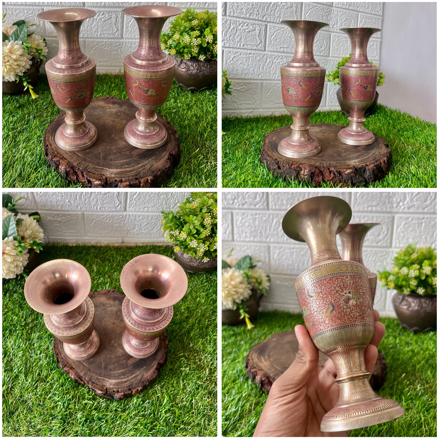 Brass Engraved Flower Vase In Pair - Antique items