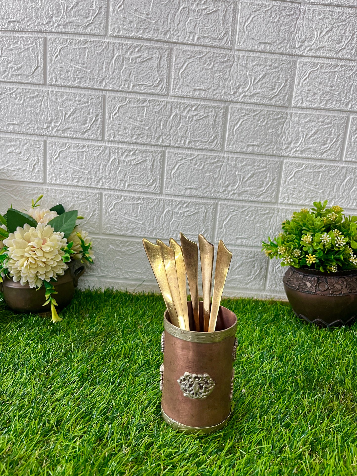 Antique Copper Spoon Holder With Brass Spoons