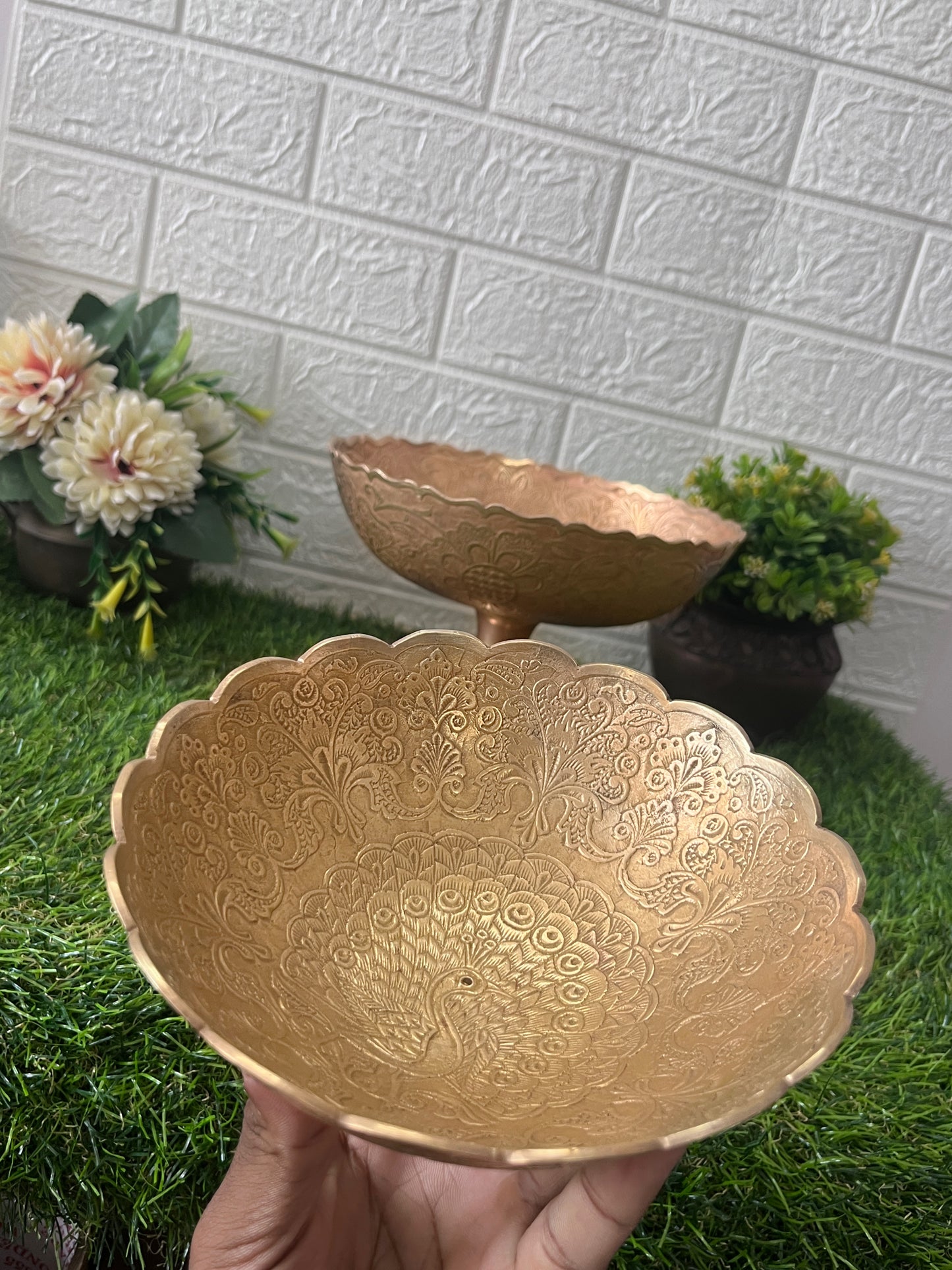 Brass Fruit Bowl - Antique Engraved Serving Item In Pair