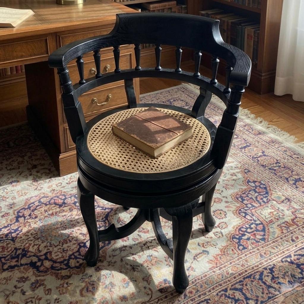 1990 Antique Teakwood Cane Seat Armchair in Black Polish | Wooden Revolving Chair