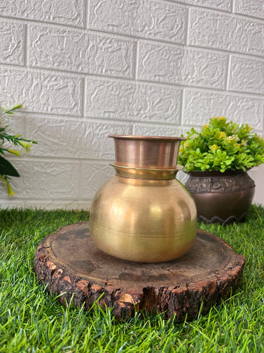 Brass Rare Shaped Kalash with Pela - Antique Lota with Glass