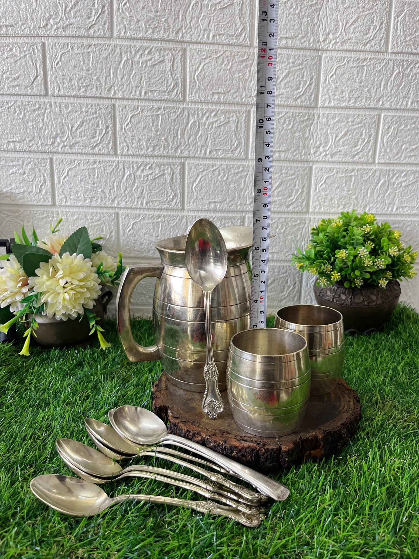 Brass Refreshment Set - Antique Silver Coated Brass Jug Set With Spoon And Glass