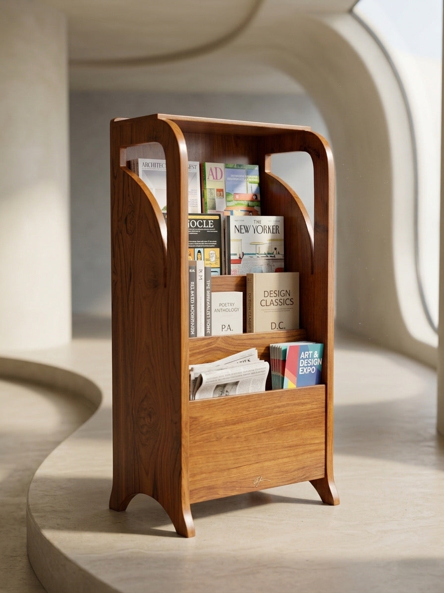1990 Antique Teakwood Magazine Stand | Vertical Storage Display Rack - Bombay Antiques
