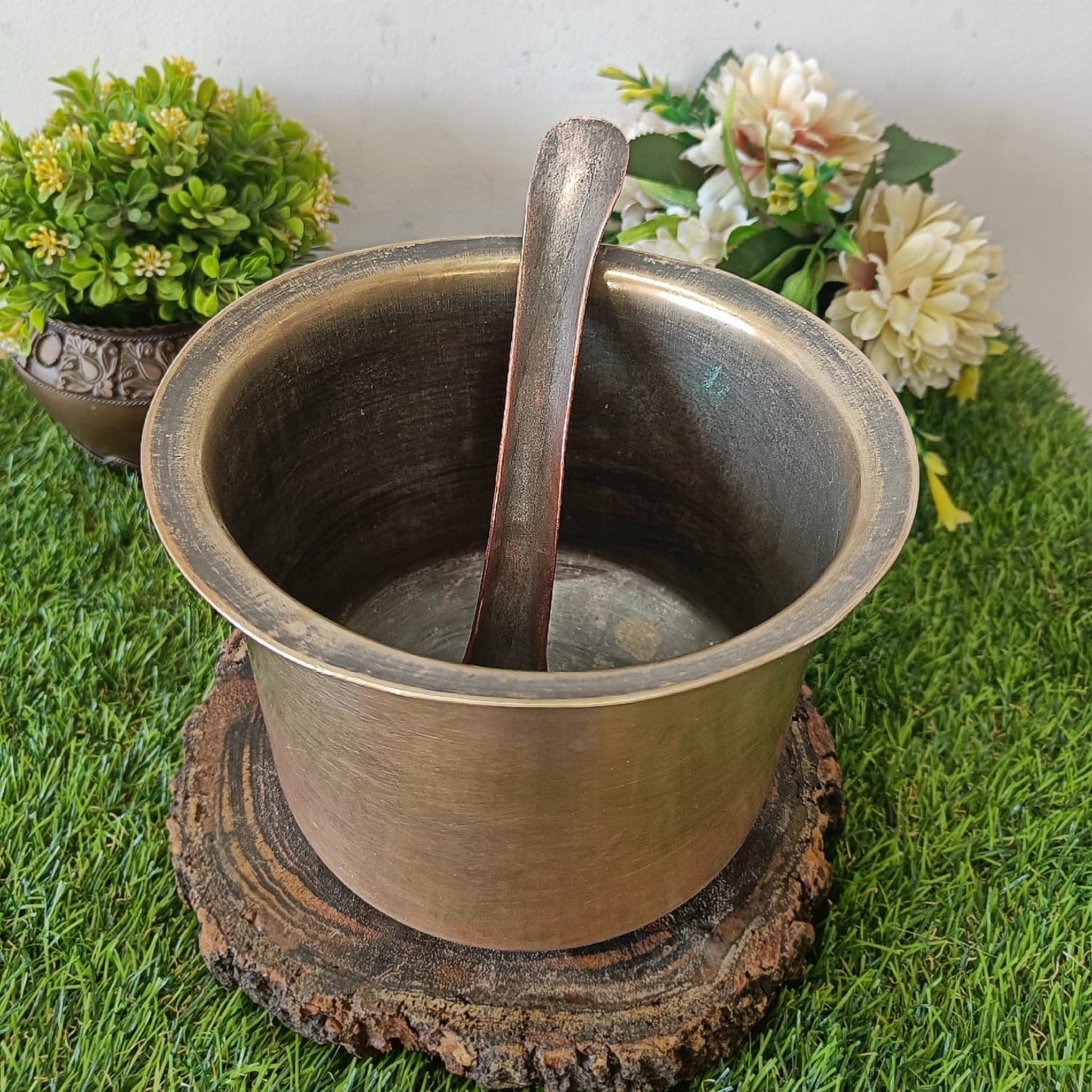 Antique Brass Long Cooking Bowl And Ladle