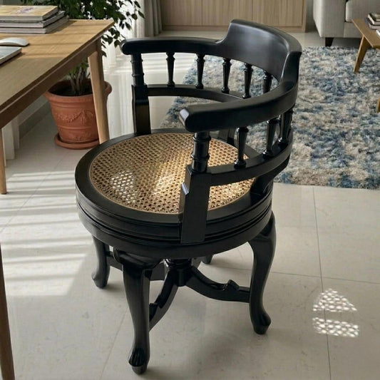 1990 Antique Teakwood Cane Seat Armchair in Black Polish | Wooden Revolving Chair