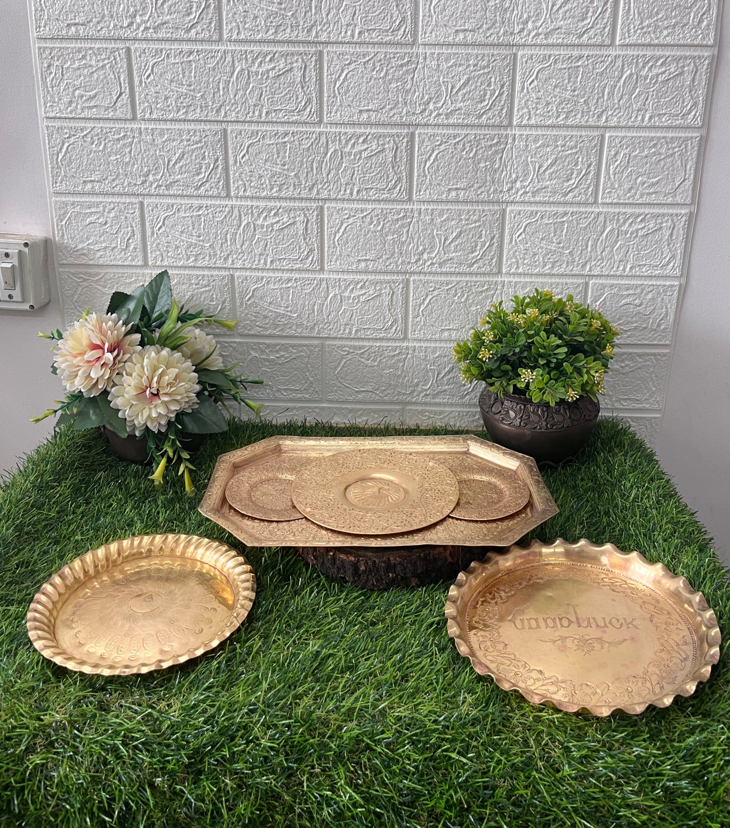 Brass Trays - Antique Engraved Serving Trays In Set