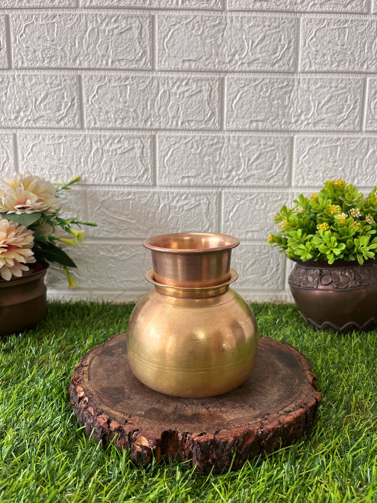 Brass Rare Shaped Kalash with Pela - Antique Lota with Glass