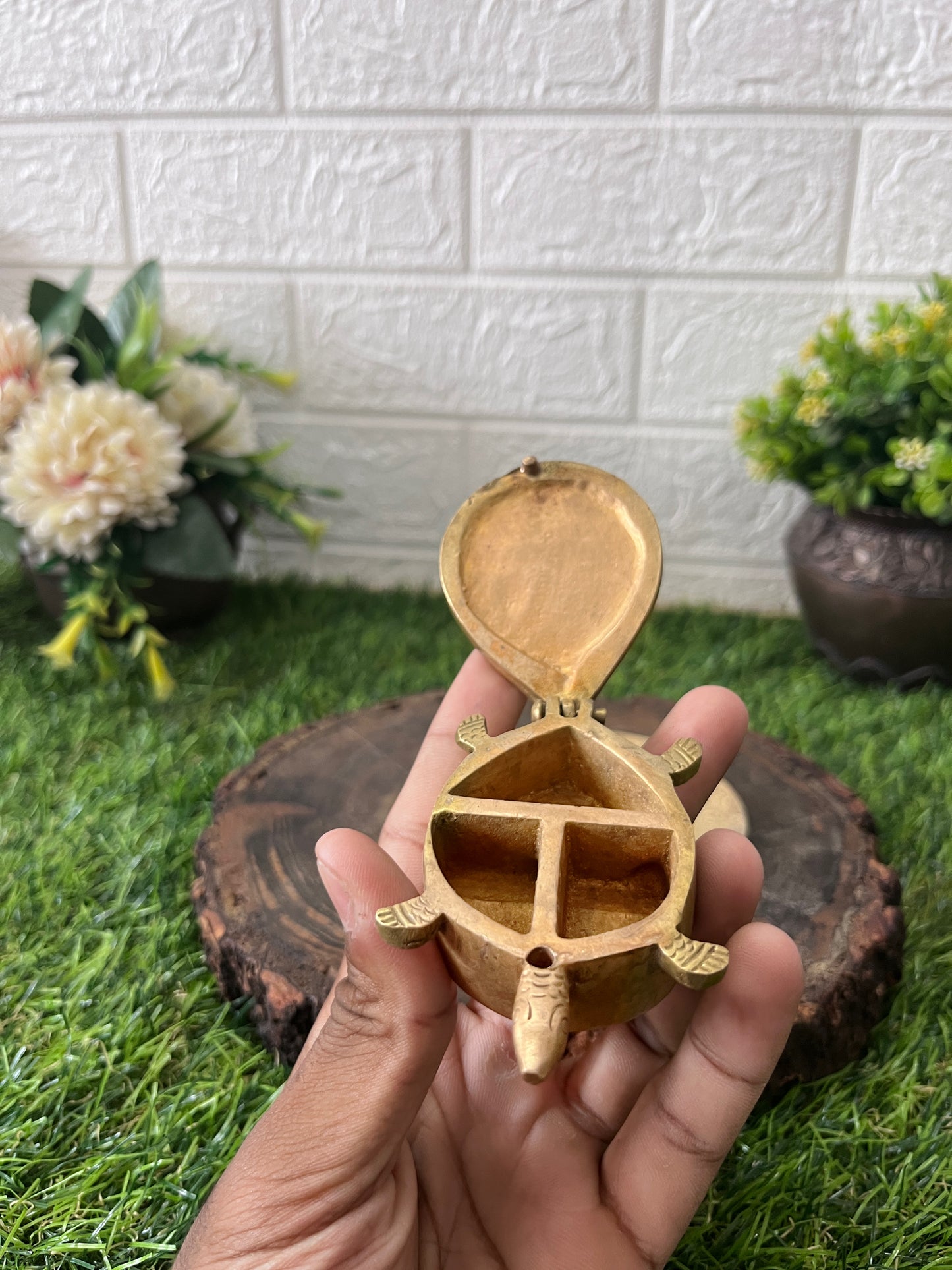 Brass Turtle Box - Antique Kumkum Container With Plate