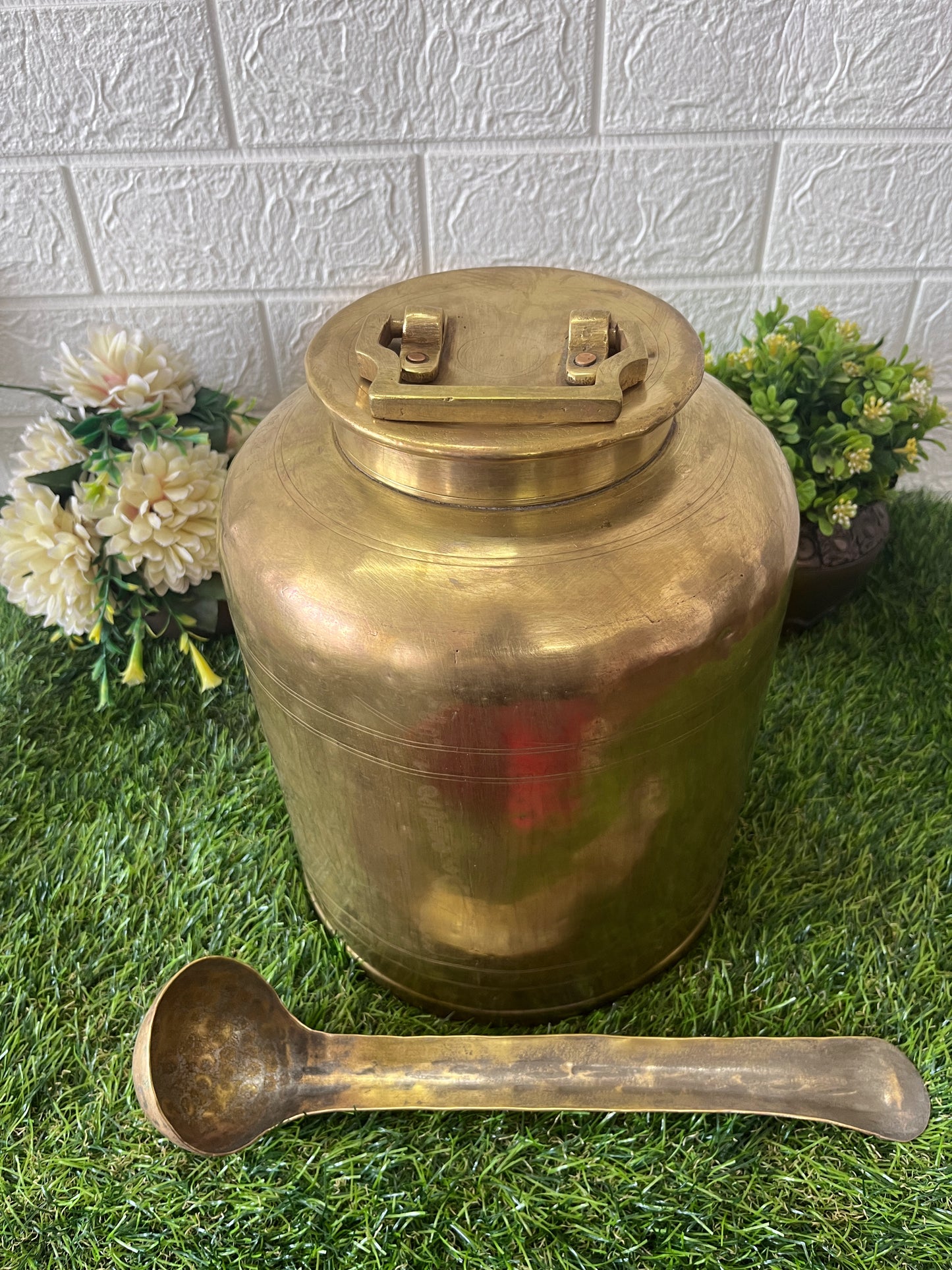 Brass Storage Canister With Ladle - Antique Big Size Storage Item