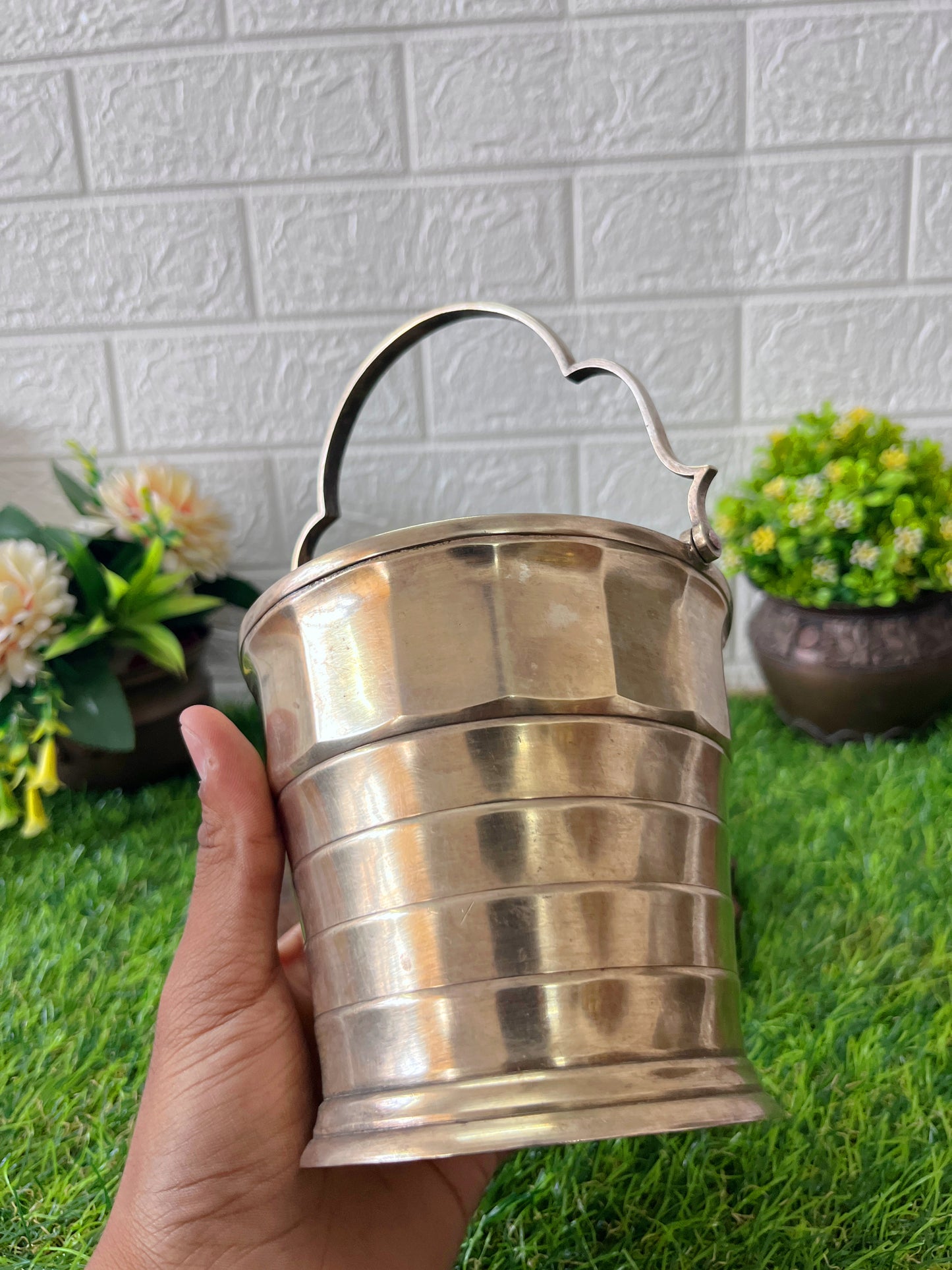 Brass Silver Coated Ice Bucket With Tong - Antique Serving Item