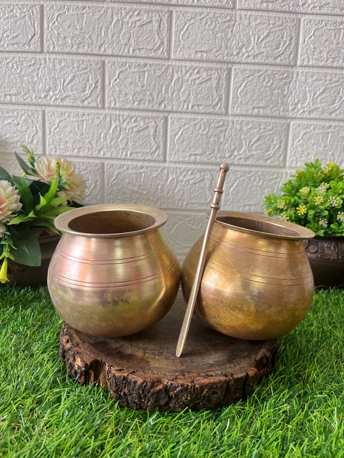 Brass Bowl With Stick - Antique Kalash In Pair