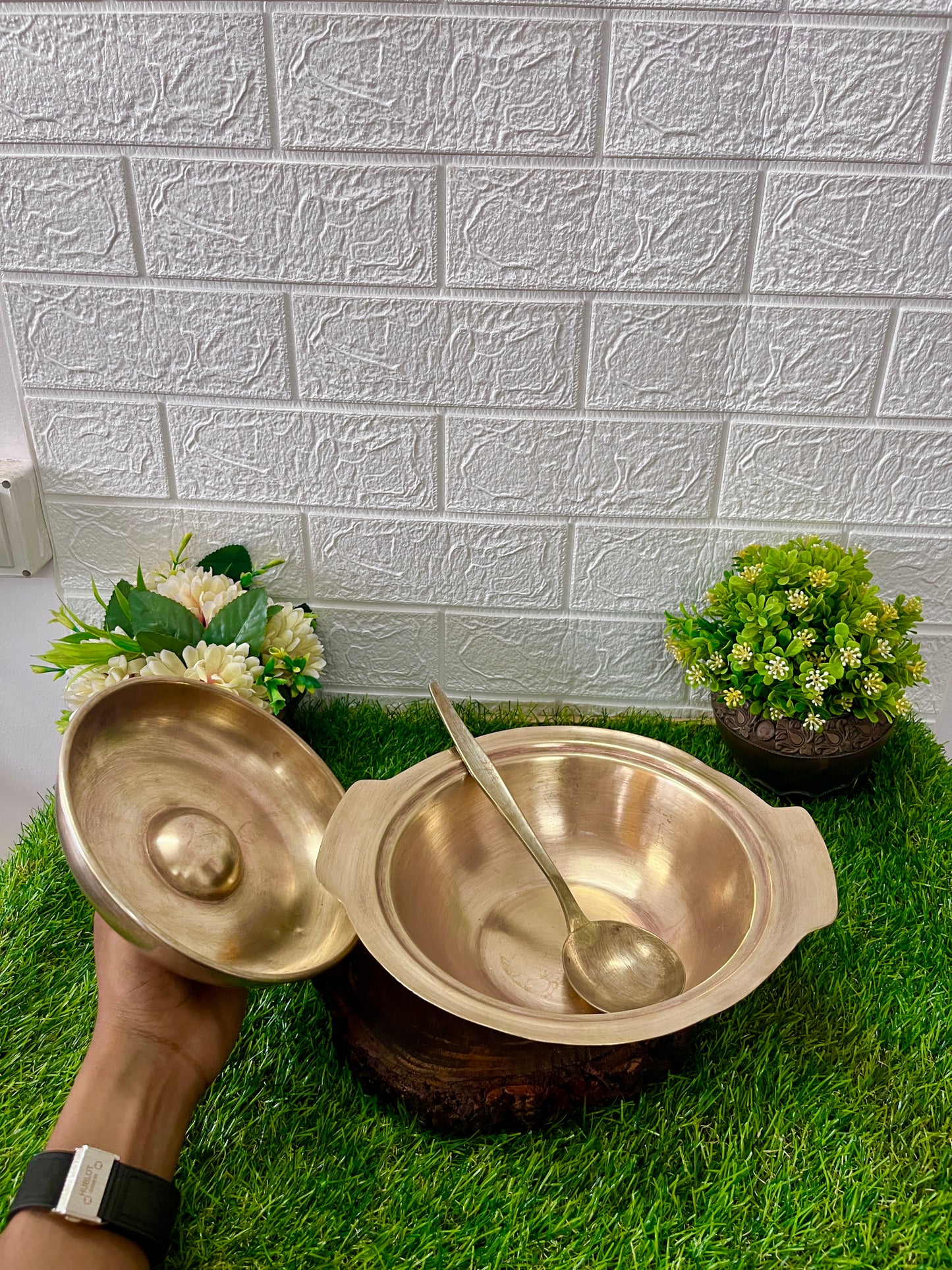 Antique Brass Serving Bowl With Spoon