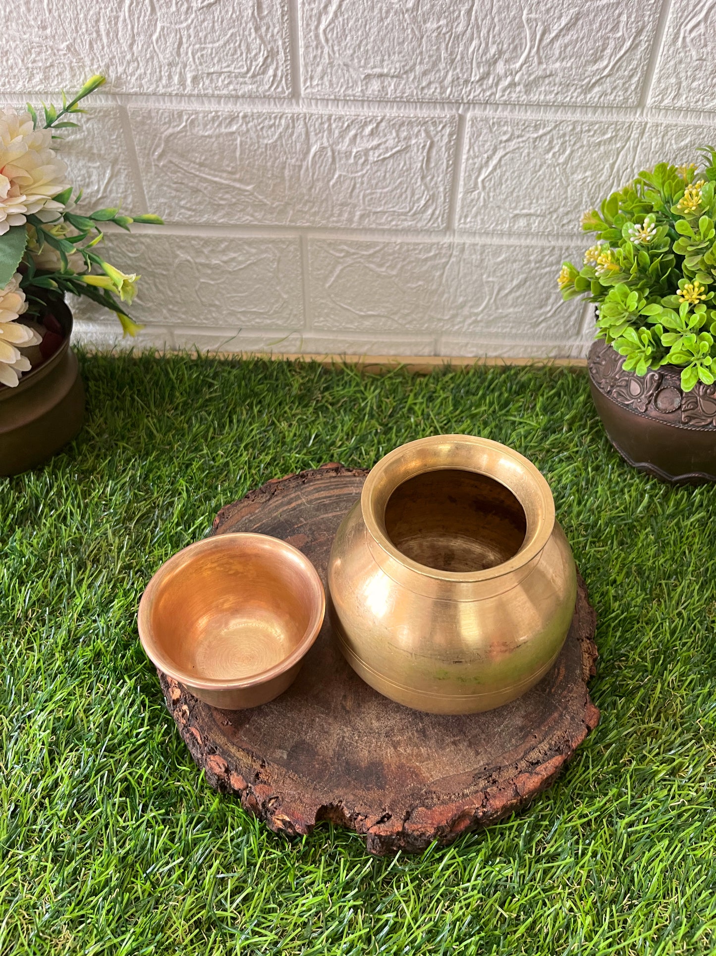 Brass Rare Shaped Kalash with Pela - Antique Lota with Glass