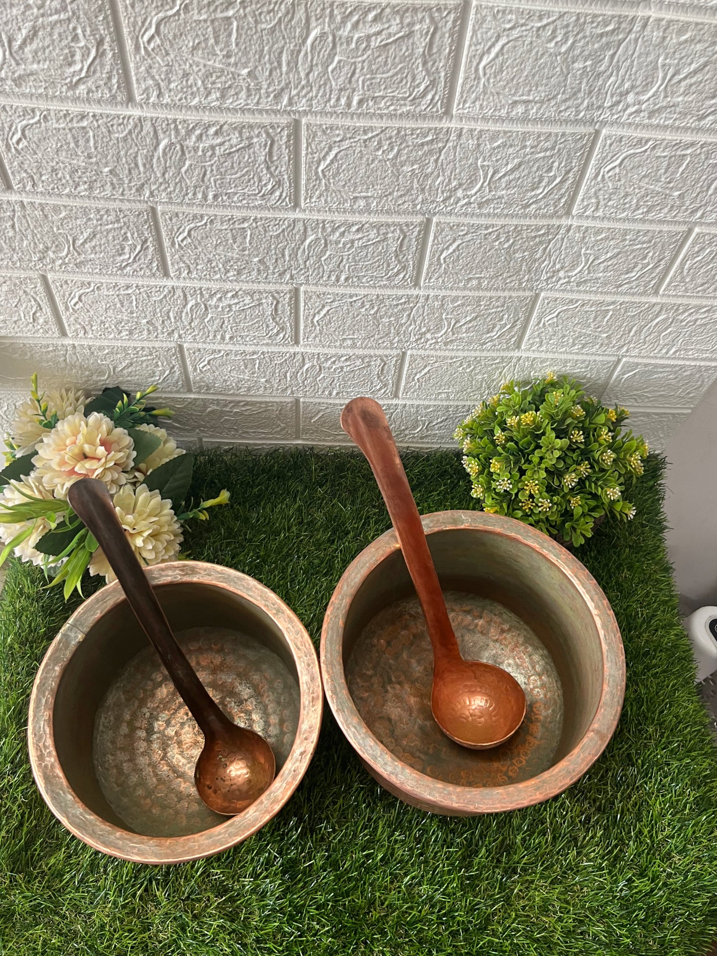 Antique Copper Cooking Bowls With Ladle Pair