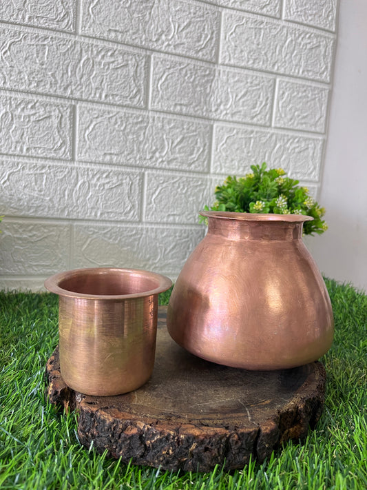 Copper Kalash with Glass - Antique Copper Lota With Pela