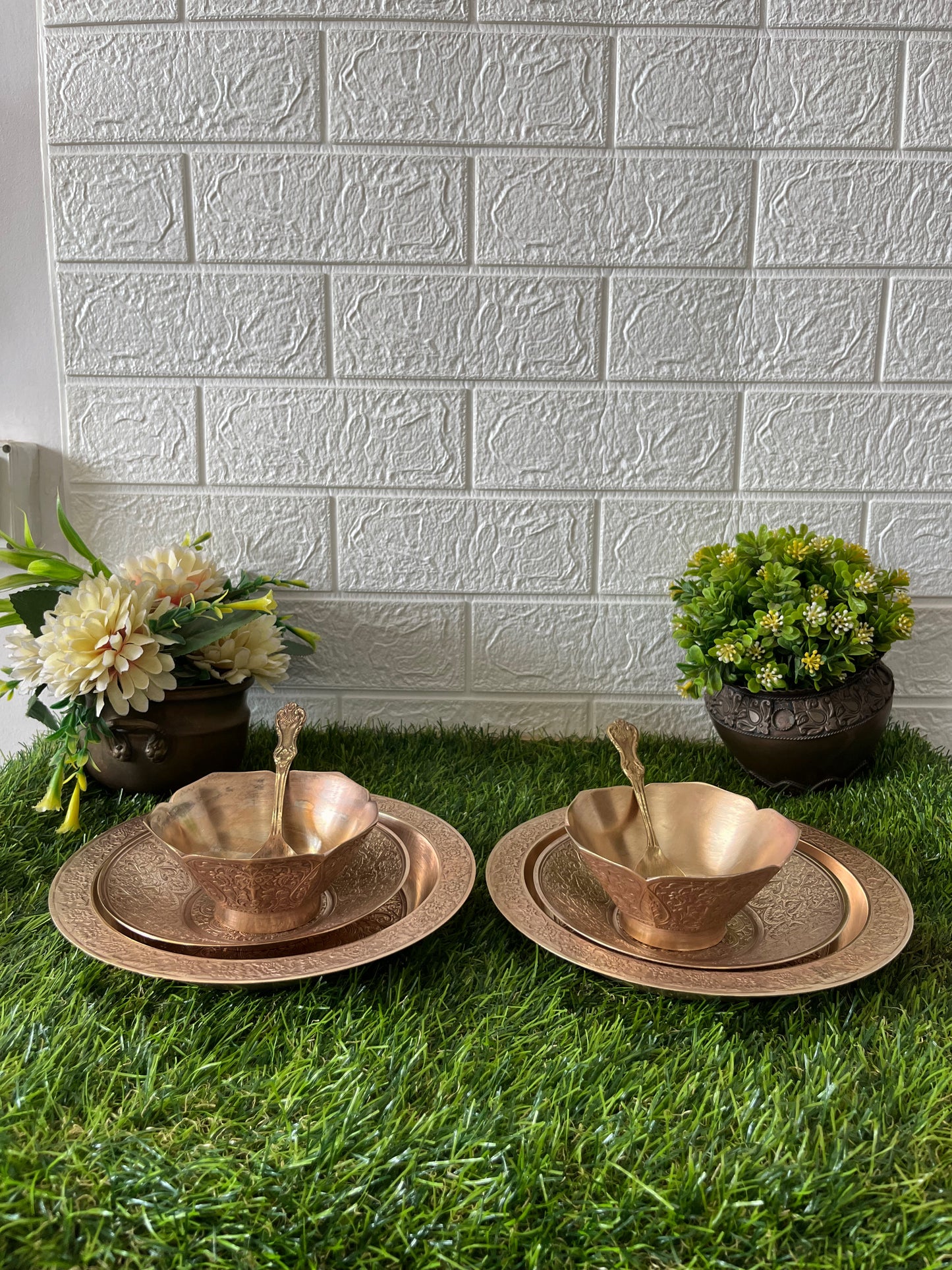 Antique Brass Engraved Plate And Bowls Set