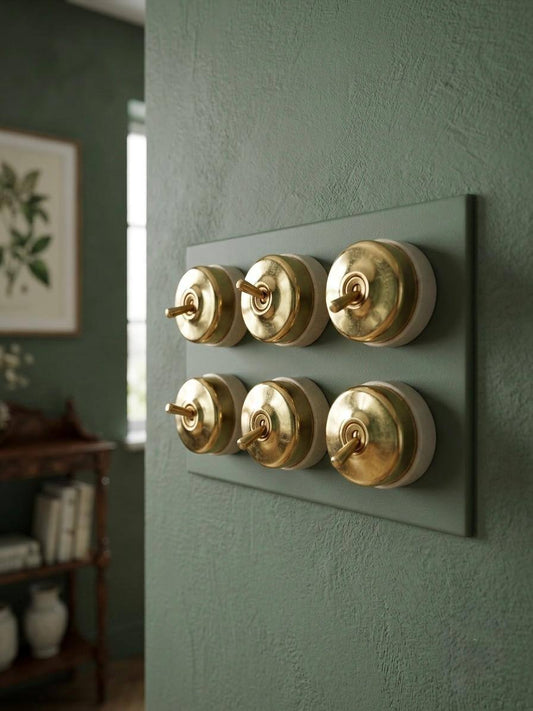 Peetal Vintage Brass Toggle Light Switches Set of 6 with Panel | Brass Dome Gang Switch Board | Vintage 1950s