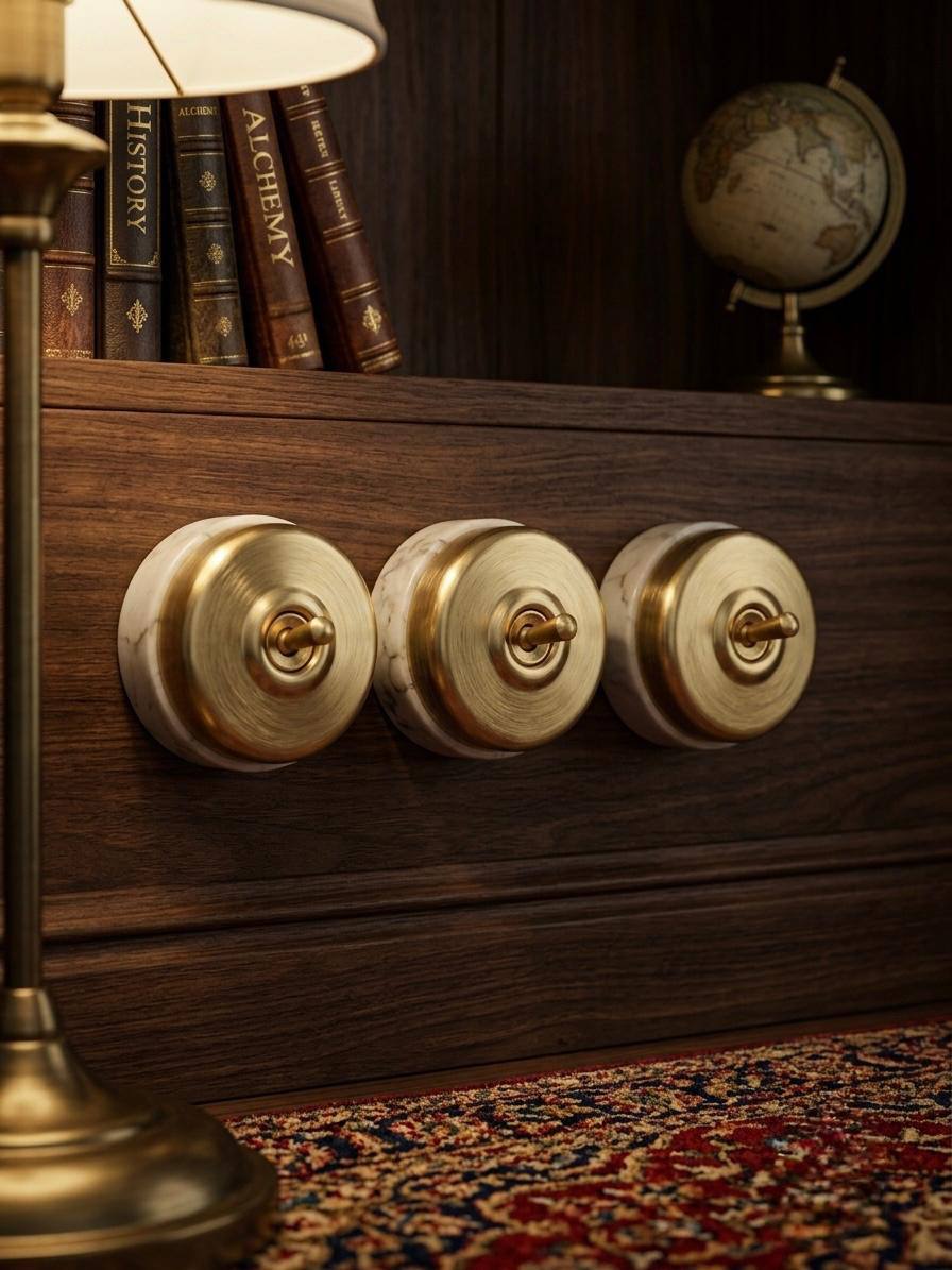 Peetal Vintage Brass Toggle Light Switches Set of 3 with Marble Base | Brass Satin Dome Switch on Stone Mount | Vintage 1980s