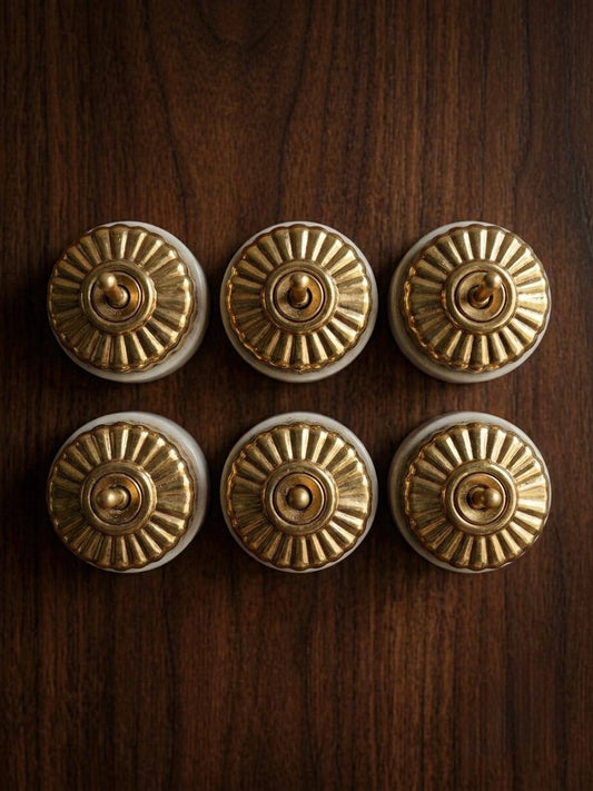 Peetal Vintage Fluted Brass Push Button Light Switches Set of 6 | Brass Sunburst Dome Switch Set | Vintage 1970s