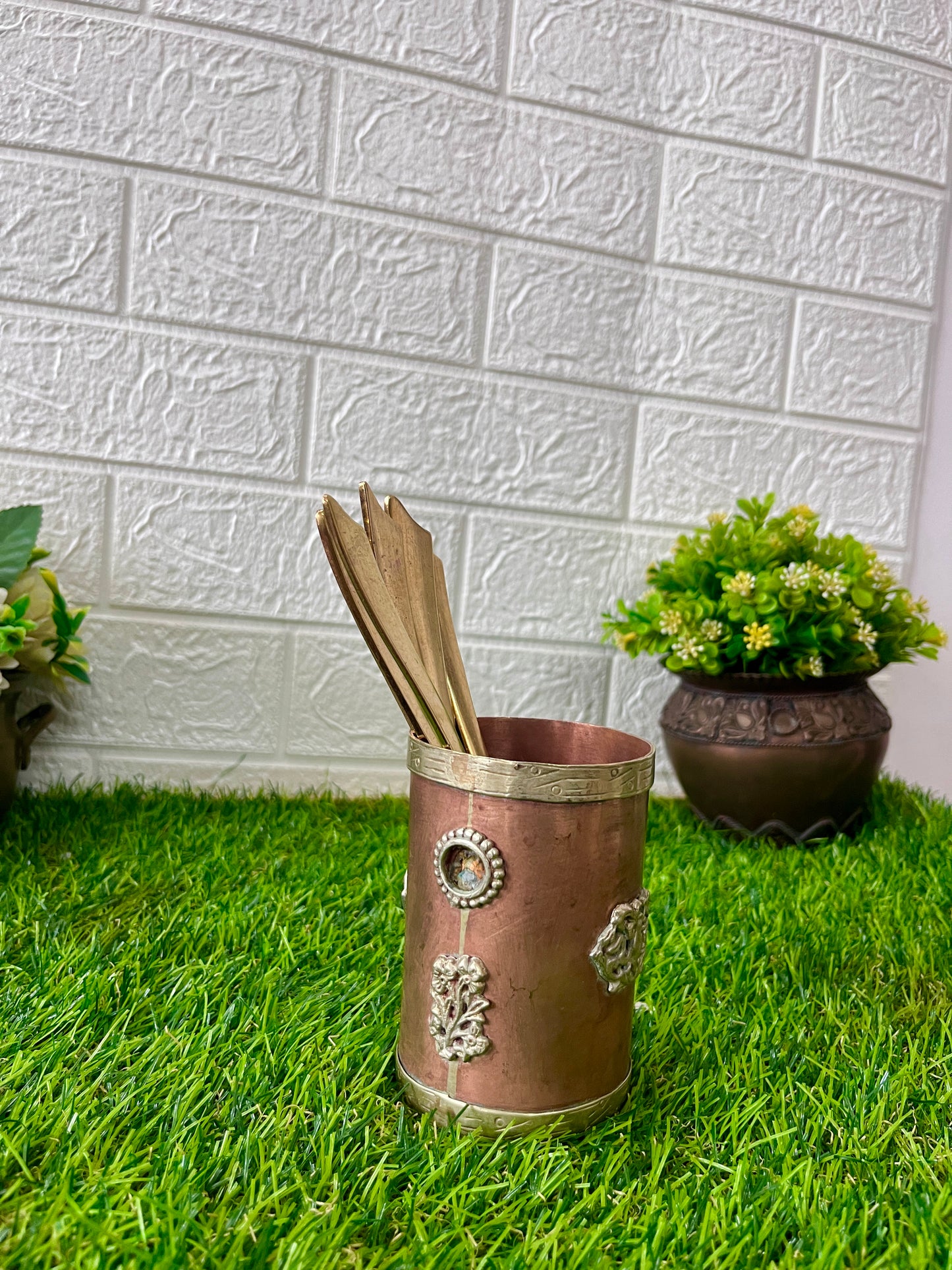 Antique Copper Spoon Holder With Brass Spoons