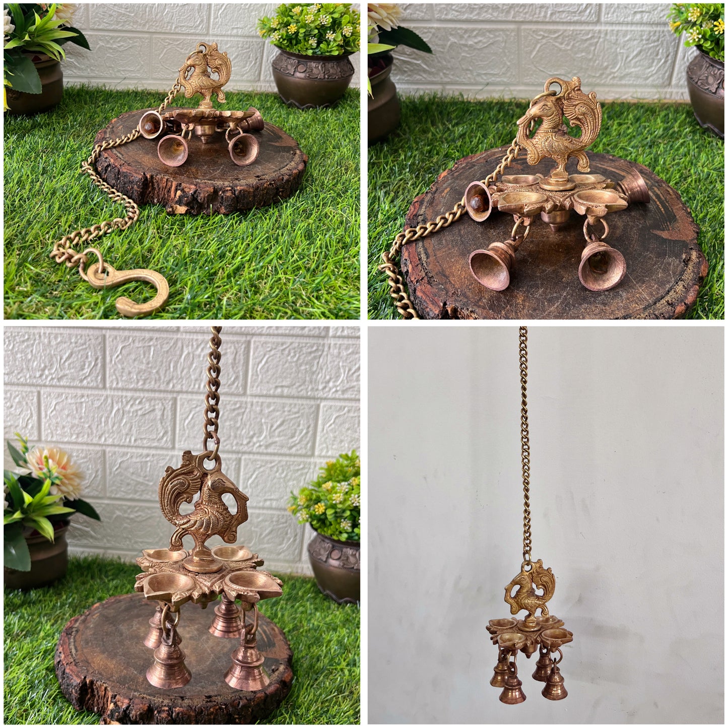 Brass Peacock Hanging Diya With Bells - Antique Oil Lamp