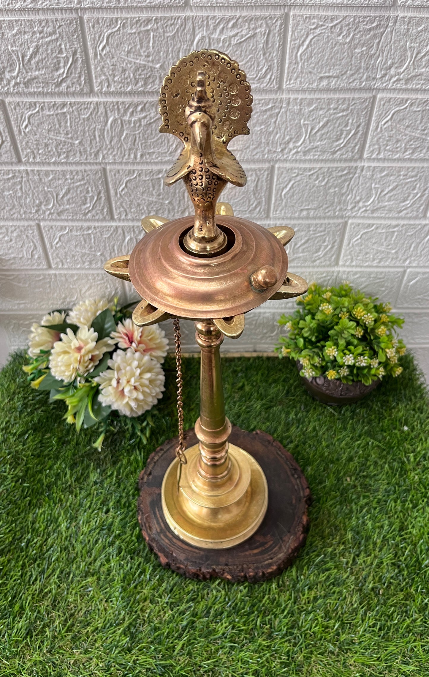 Brass Peacock Samay - Antique 7 Wicks Oil Lamp