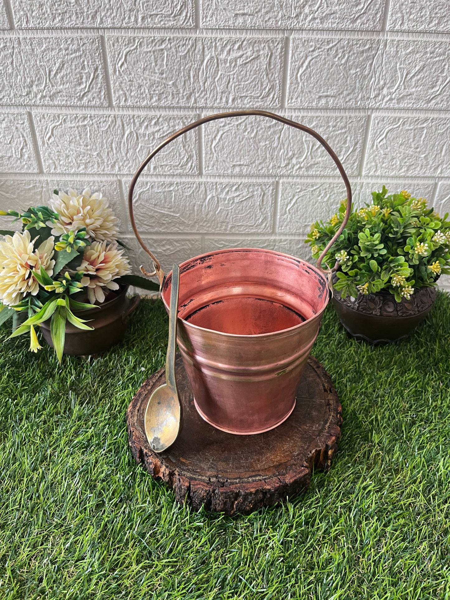 Cooper Bucket With Brass Spoon - Antique Serving Item