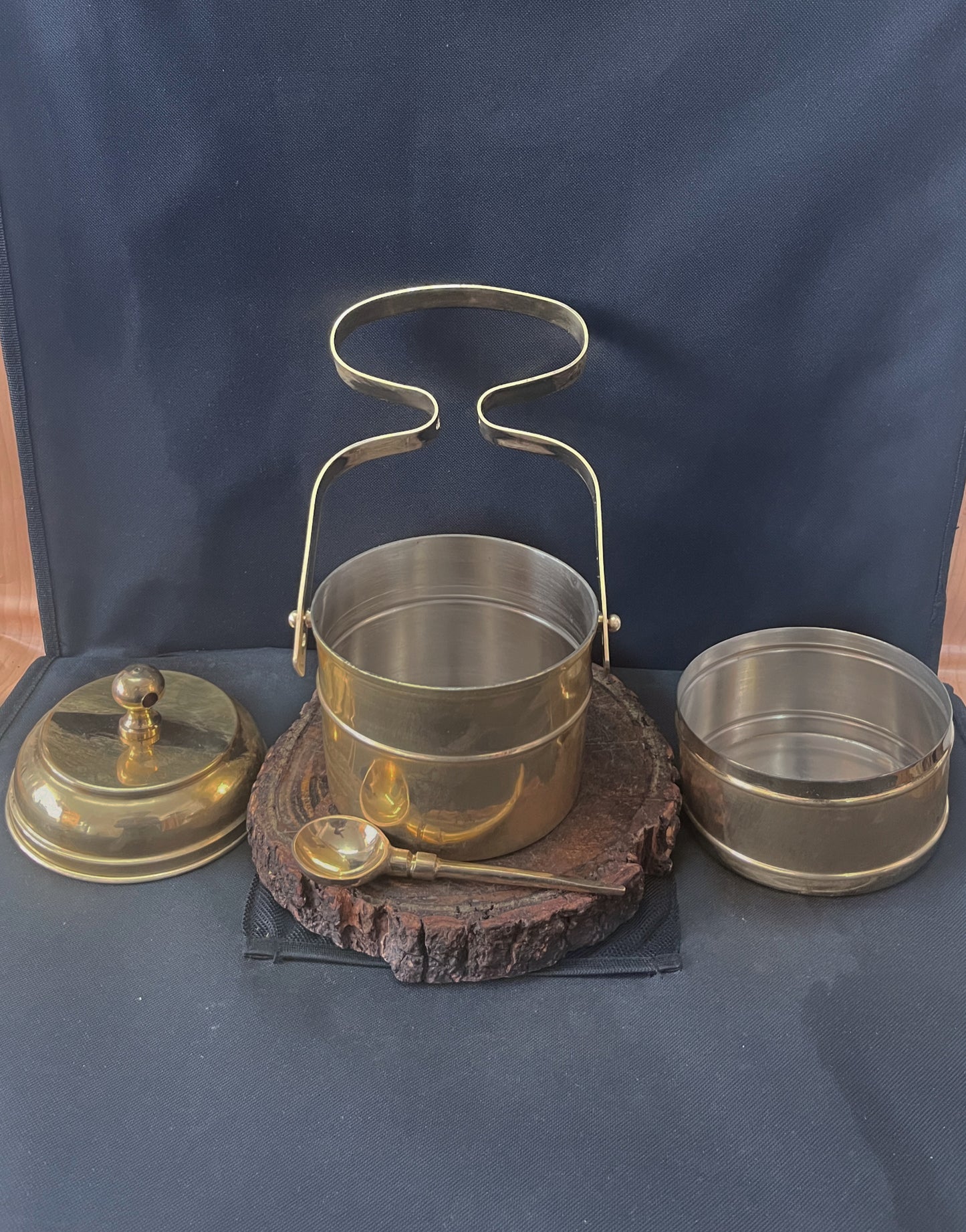 Brass Vintage Tiffin Box With Spoon - Bombay Antiques Approved