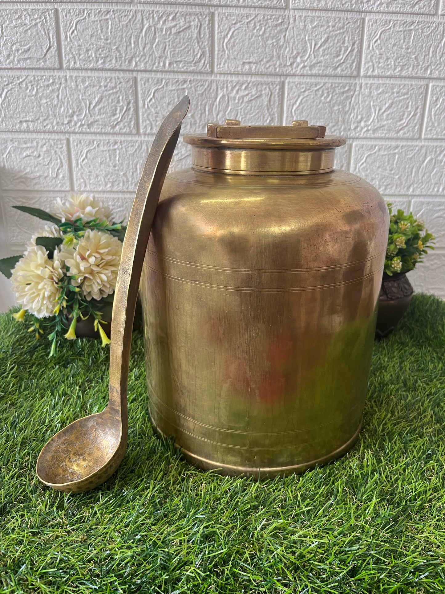 Brass Storage Canister With Ladle - Antique Big Size Storage Item