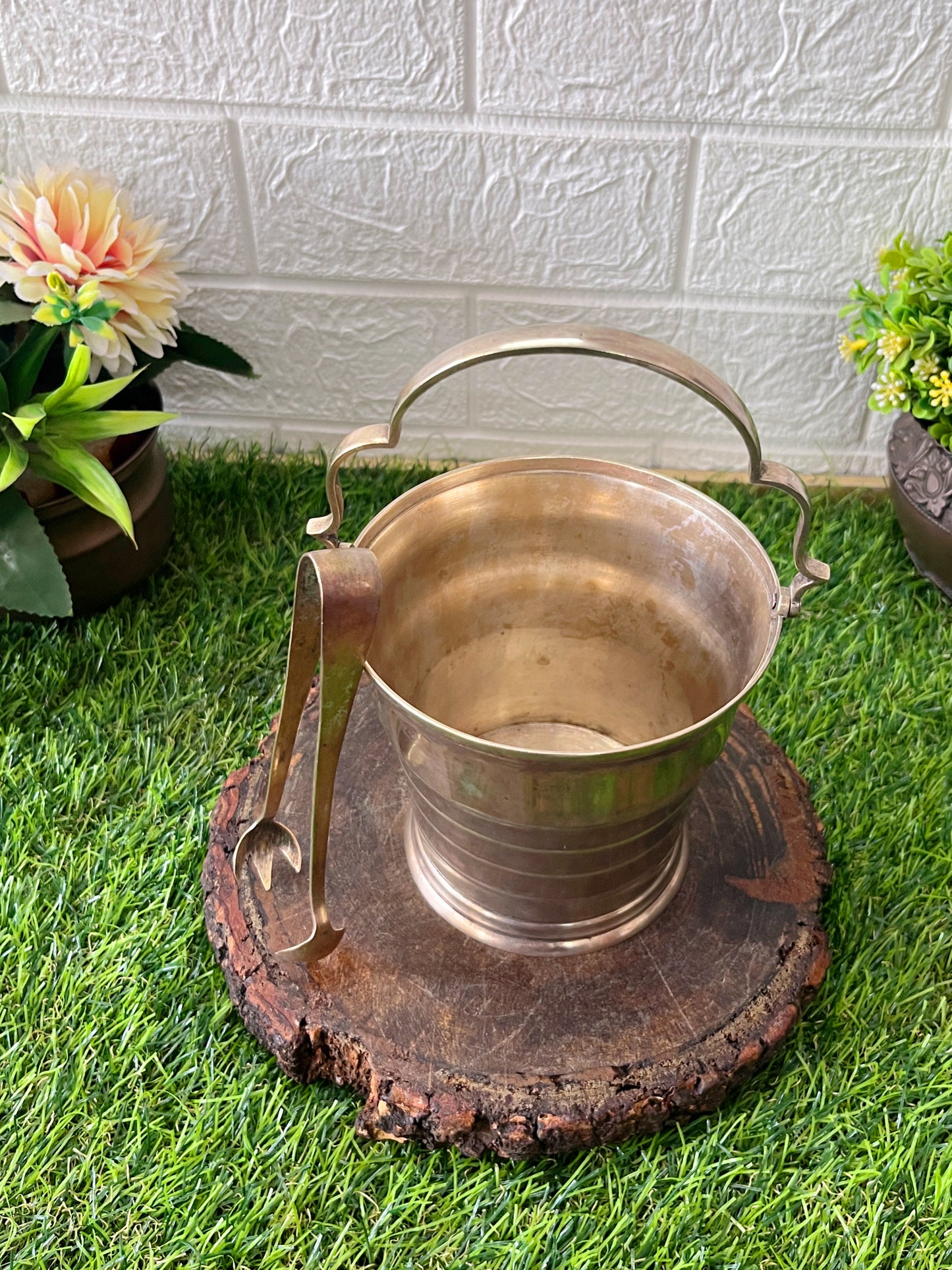 Brass Silver Coated Ice Bucket With Tong - Antique Serving Item