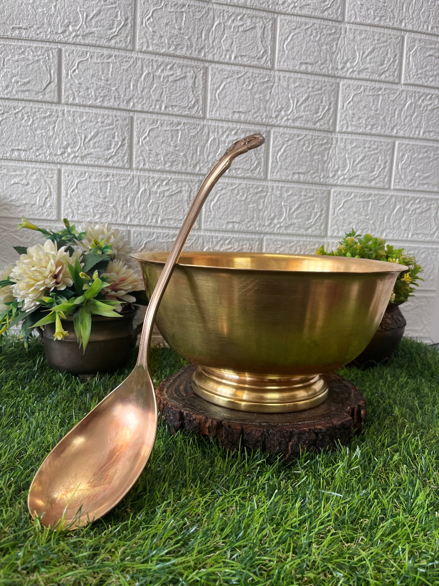 Big Brass Serving Bowl With Ladle - Antique Serving Item