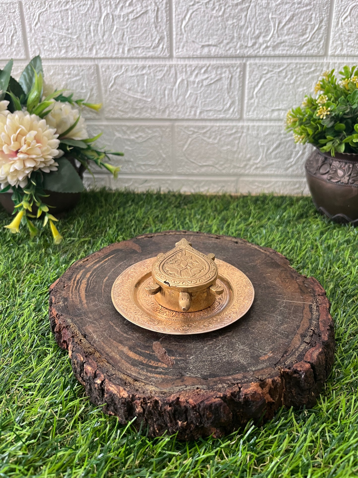 Brass Turtle Box - Antique Kumkum Container With Plate