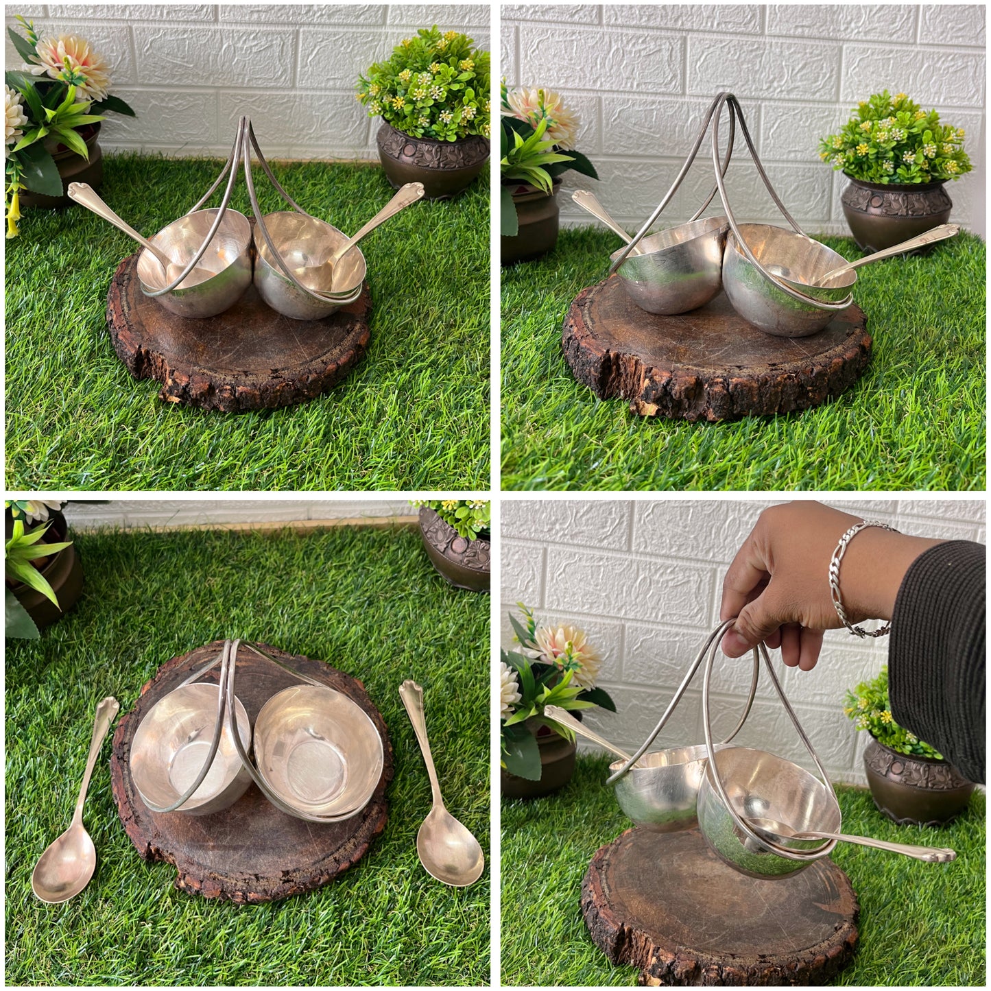 Brass Serving Bowl With Spoons - Antique Silver Coated Serving Items