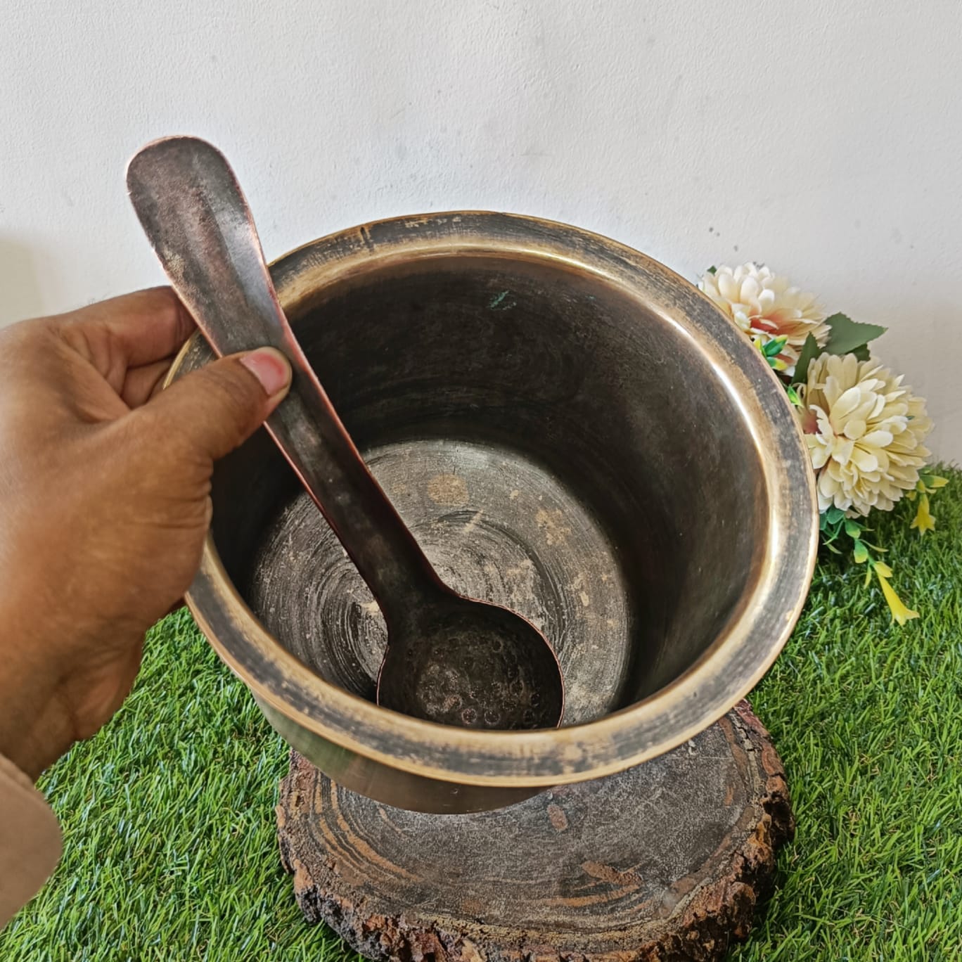 Antique Brass Long Cooking Bowl And Ladle