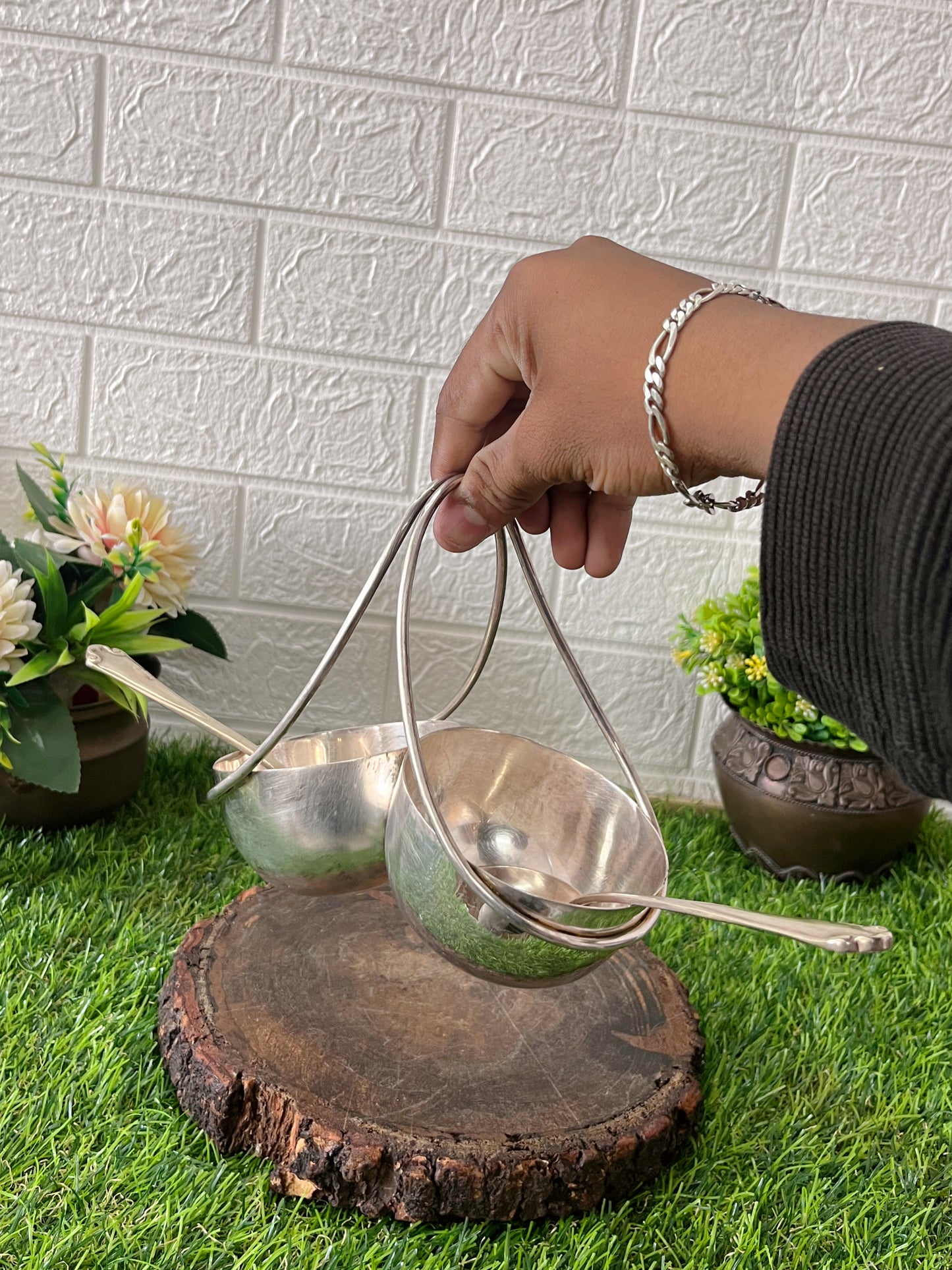 Brass Serving Bowl With Spoons - Antique Silver Coated Serving Items